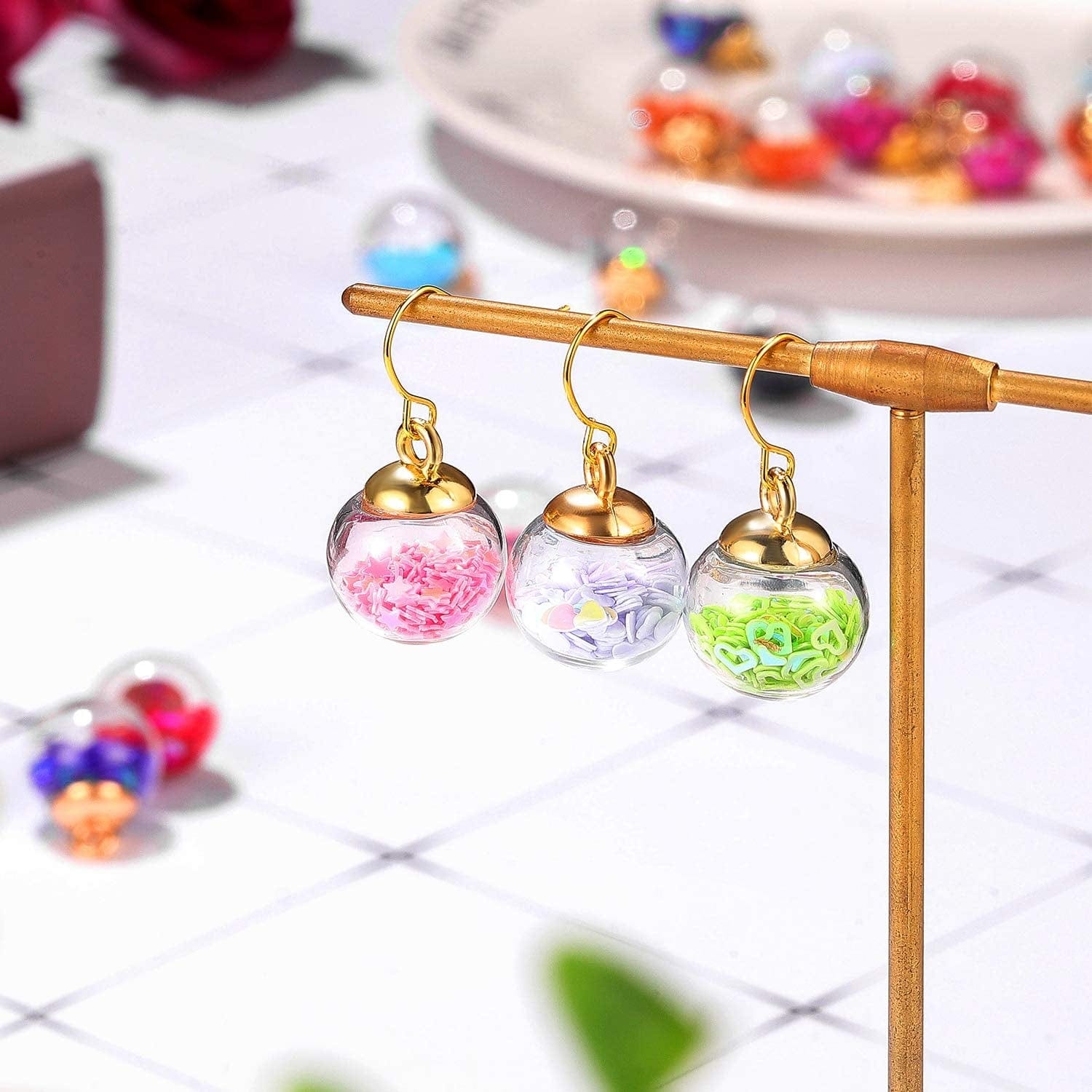 16 Mm Colorful Glass Ball Charms Crystal Glass Ball Pendants Jewelry Making Supplies with Shining Stars, Heart-Shaped Sequins and Peach Heart Sequins for DIY Necklace Bracelet Crafts
