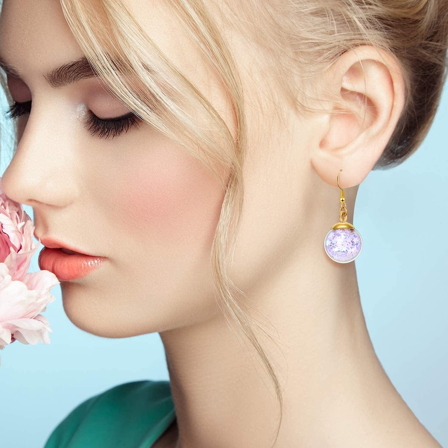 16 Mm Colorful Glass Ball Charms Crystal Glass Ball Pendants Jewelry Making Supplies with Shining Stars, Heart-Shaped Sequins and Peach Heart Sequins for DIY Necklace Bracelet Crafts