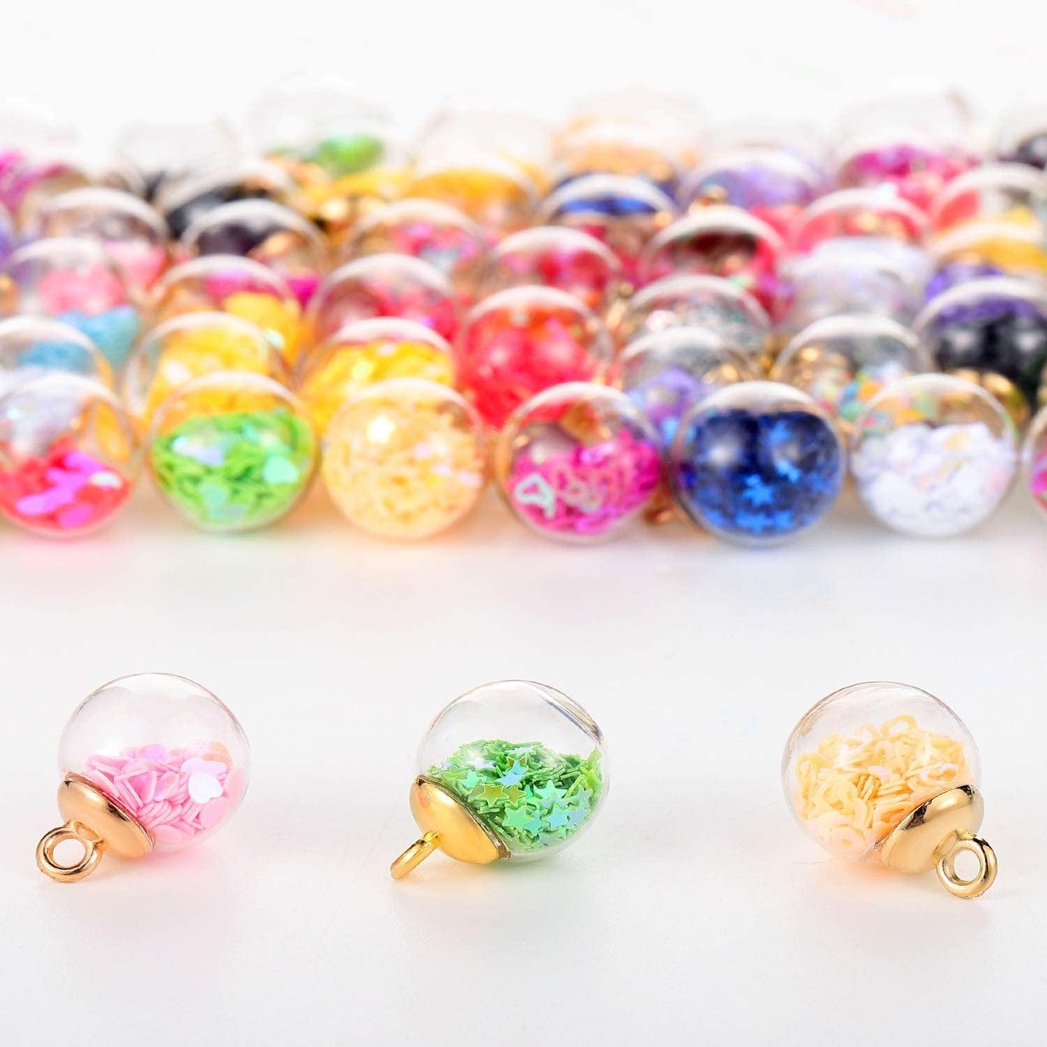 16 Mm Colorful Glass Ball Charms Crystal Glass Ball Pendants Jewelry Making Supplies with Shining Stars, Heart-Shaped Sequins and Peach Heart Sequins for DIY Necklace Bracelet Crafts