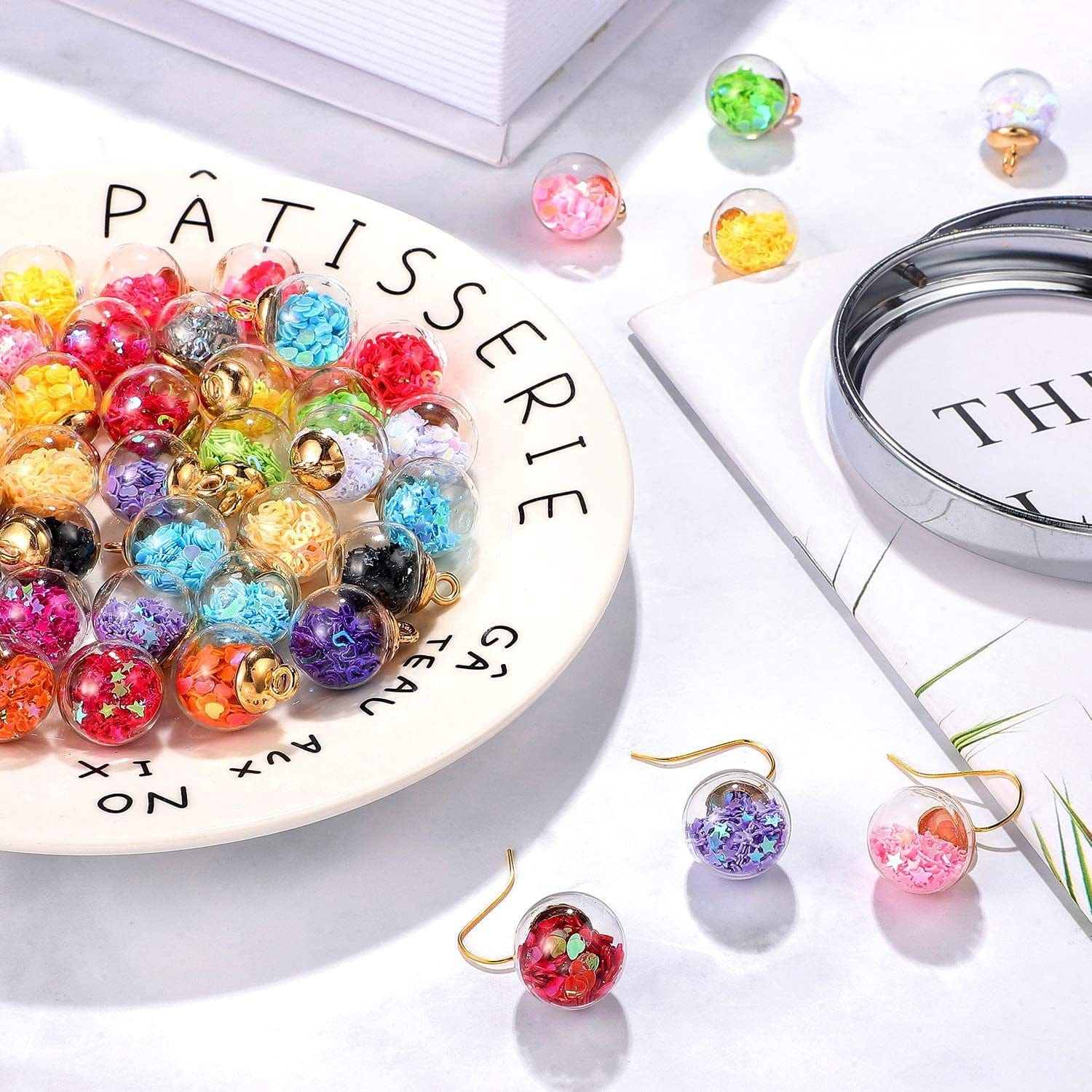 16 Mm Colorful Glass Ball Charms Crystal Glass Ball Pendants Jewelry Making Supplies with Shining Stars, Heart-Shaped Sequins and Peach Heart Sequins for DIY Necklace Bracelet Crafts