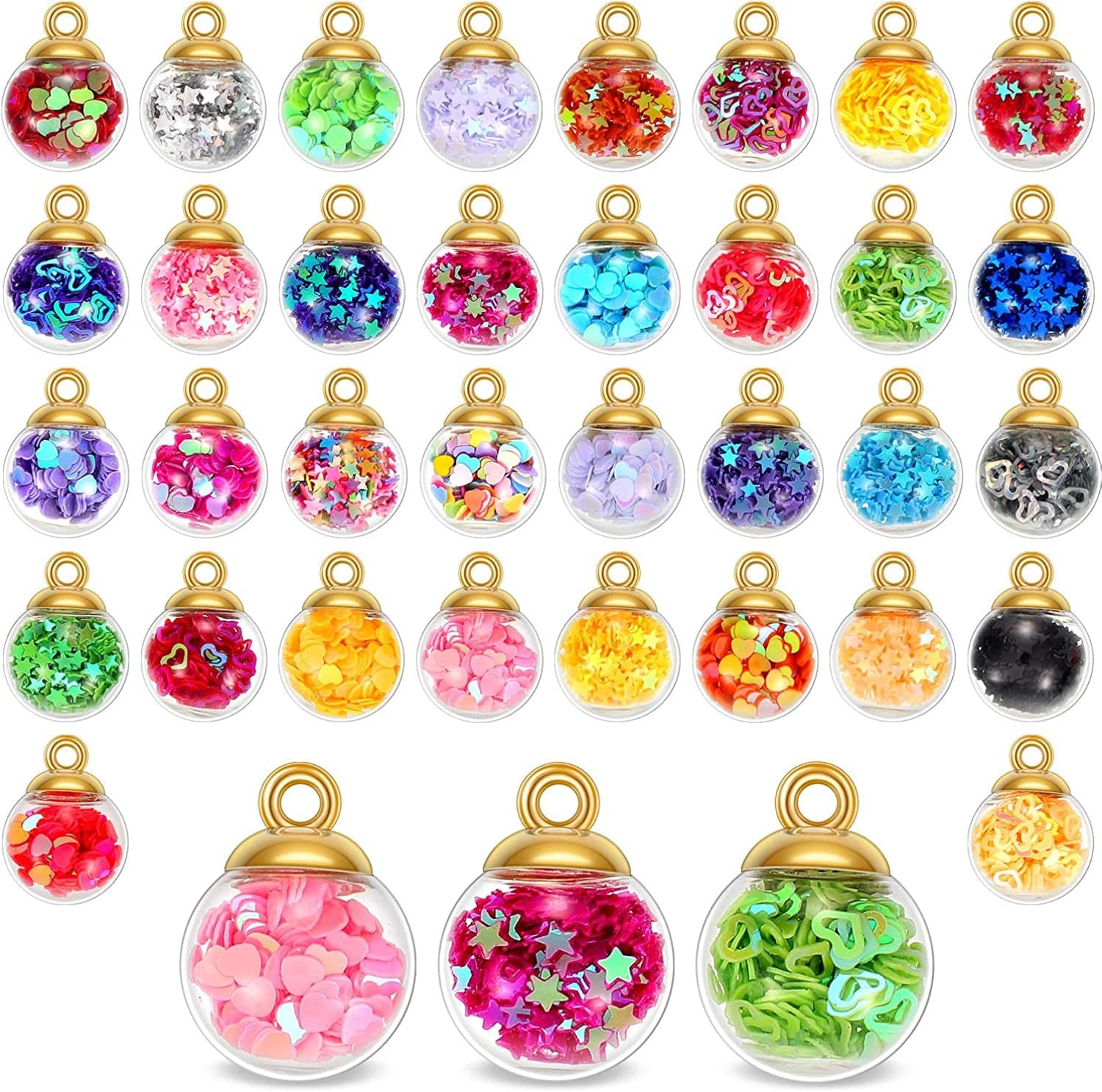 16 Mm Colorful Glass Ball Charms Crystal Glass Ball Pendants Jewelry Making Supplies with Shining Stars, Heart-Shaped Sequins and Peach Heart Sequins for DIY Necklace Bracelet Crafts 68