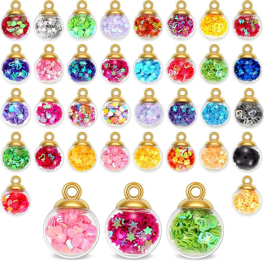 16 Mm Colorful Glass Ball Charms Crystal Glass Ball Pendants Jewelry Making Supplies with Shining Stars, Heart-Shaped Sequins and Peach Heart Sequins for DIY Necklace Bracelet Crafts 68