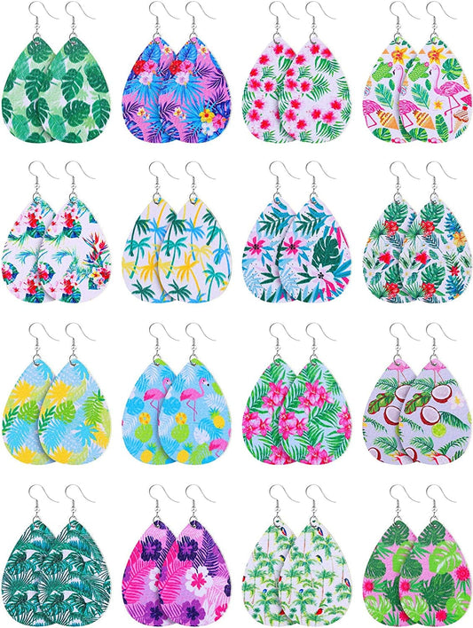 16 Pairs Hawaii Faux Leather Teardrop Earrings Summer Tropical Boho Lightweight Leaf Drop Earrings for Women Apparel & Accessories > Jewelry > Earrings Hicarer