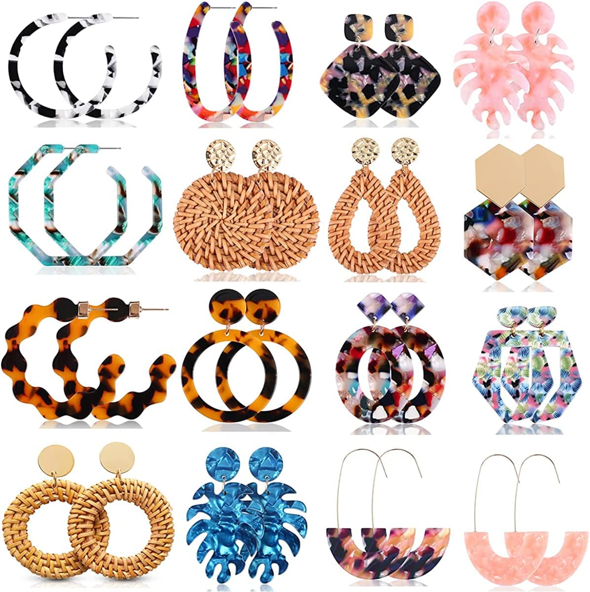 16 Pairs Trendy Acrylic Earrings Rattan Earrings for Women Girls-Summer Beach Straw Earrings Resin Dangle Drop Fashion Earrings Geometric Statement Earrings Vacation Jewelry B-16 Pairs Acrylic Rattan Earrings