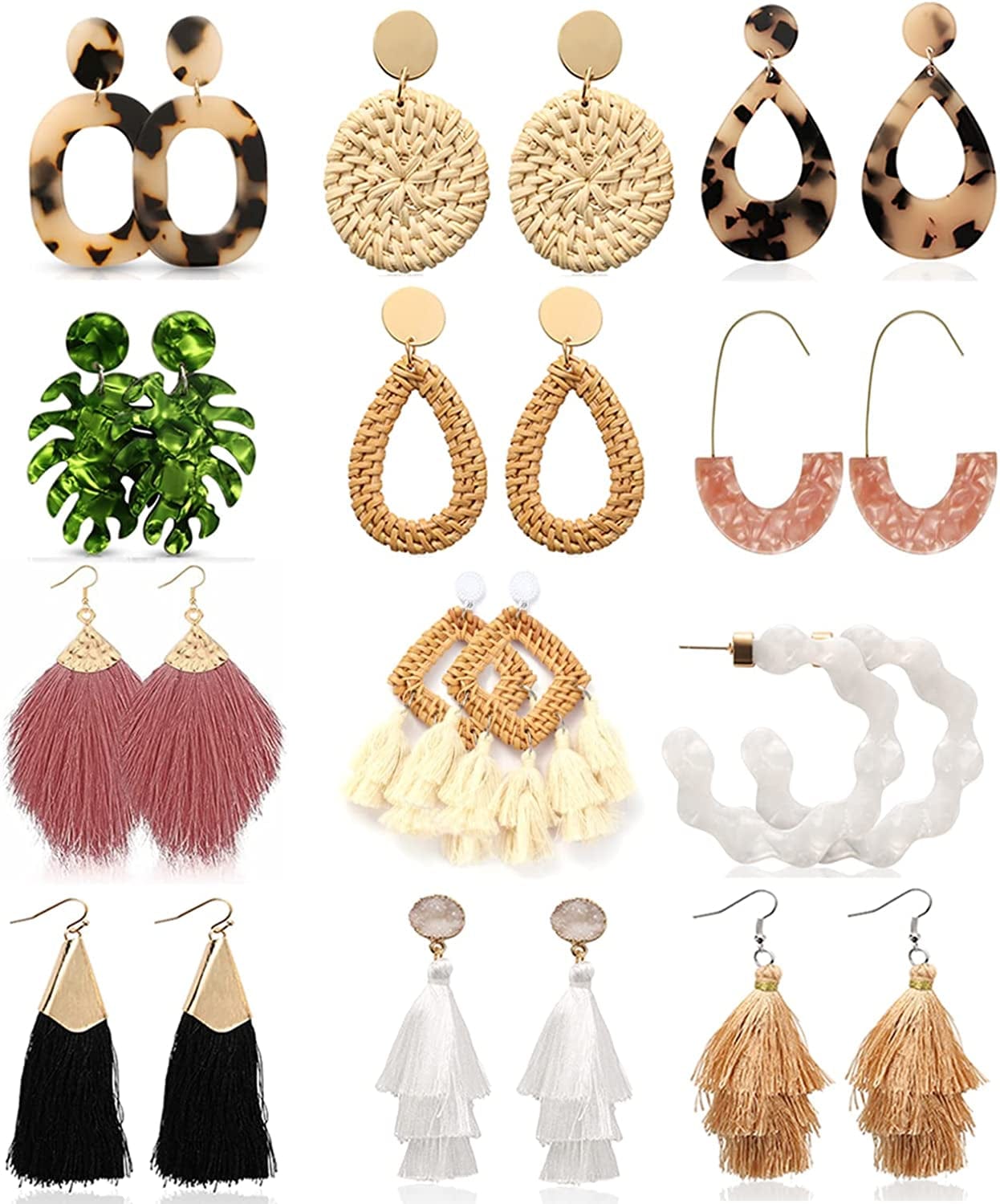 16 Pairs Trendy Acrylic Earrings Rattan Earrings for Women Girls-Summer Beach Straw Earrings Resin Dangle Drop Fashion Earrings Geometric Statement Earrings Vacation Jewelry B2-12 Pairs Acrylic Rattan Tassel Earrings
