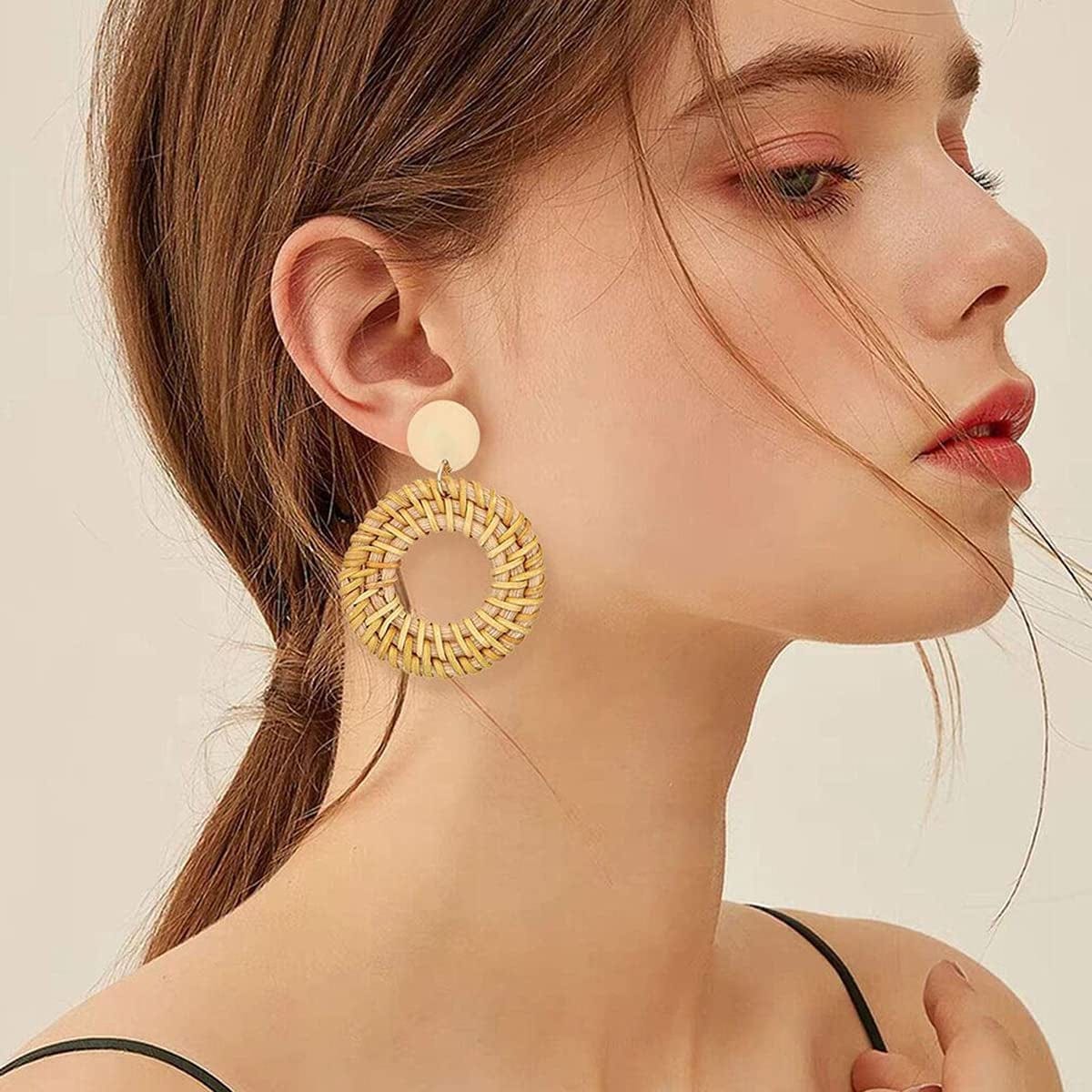 16 Pairs Trendy Acrylic Earrings Rattan Earrings for Women Girls-Summer Beach Straw Earrings Resin Dangle Drop Fashion Earrings Geometric Statement Earrings Vacation Jewelry