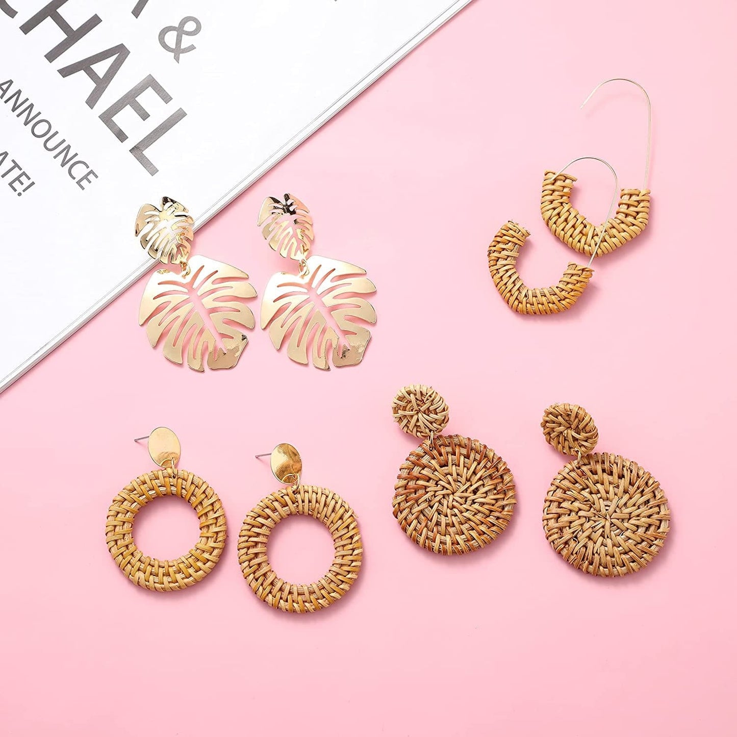 16 Pairs Trendy Acrylic Earrings Rattan Earrings for Women Girls-Summer Beach Straw Earrings Resin Dangle Drop Fashion Earrings Geometric Statement Earrings Vacation Jewelry