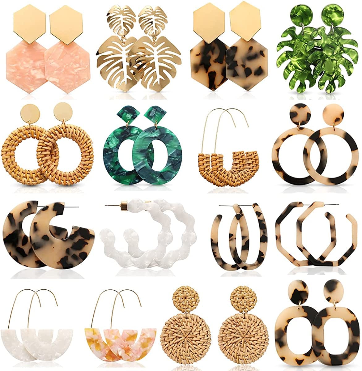 16 Pairs Trendy Acrylic Earrings Rattan Earrings for Women Girls-Summer Beach Straw Earrings Resin Dangle Drop Fashion Earrings Geometric Statement Earrings Vacation Jewelry A-16 Pairs Acrylic Rattan Earrings