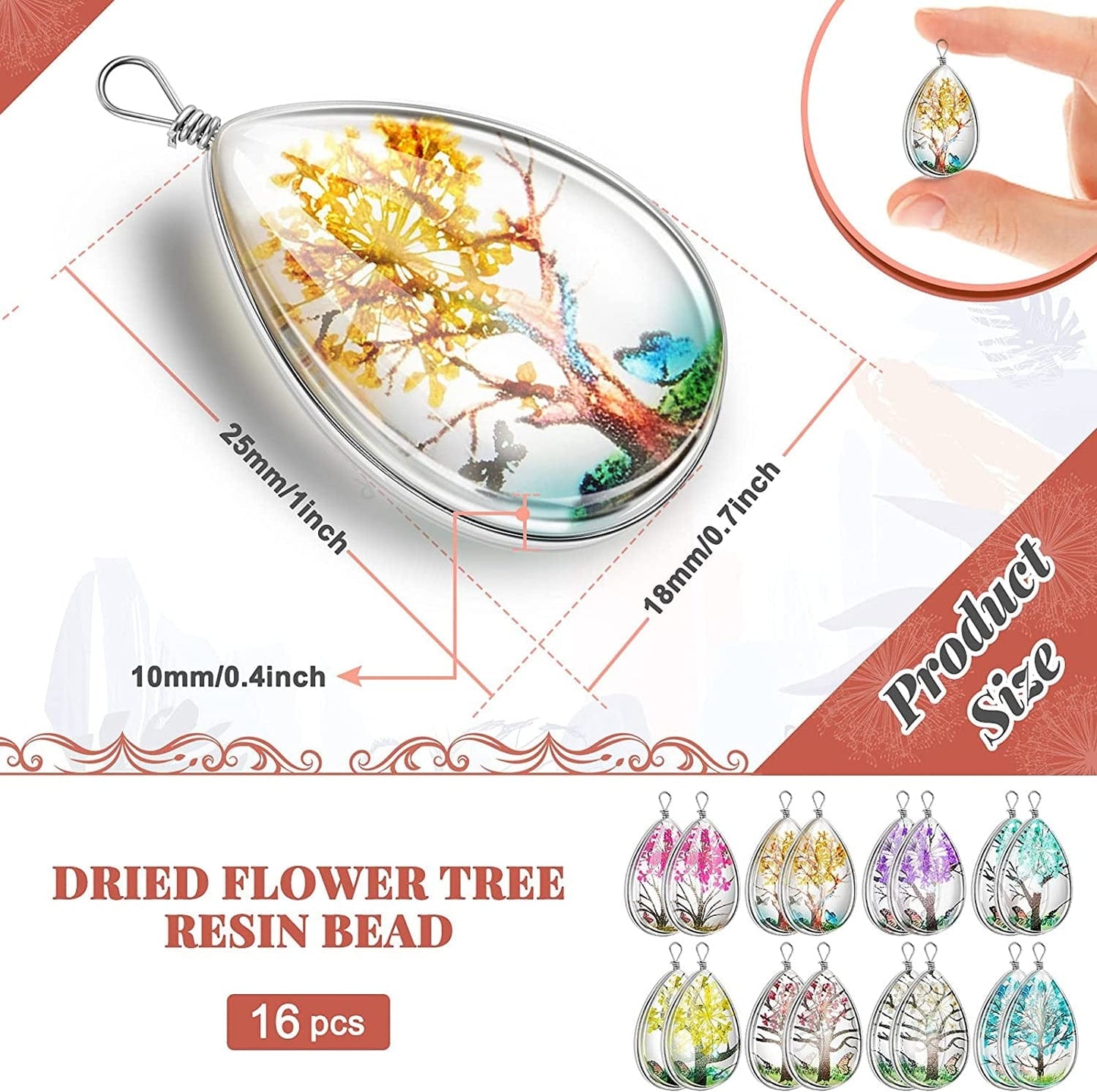 16 Pcs Dried Flowers Pendant Charms for Jewelry Making Transparent Tree Resin Beads Mixed Colors Lacework Resin Flower Charm Drop Pendants for Diy Jewelry Crafts,1 X 0.7 X 0.4 Inch