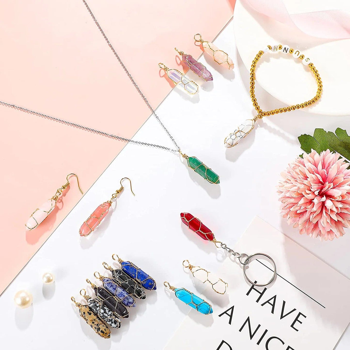 16 Pieces Healing Crystal Pendant Hexagonal Natural Crystal Pendant Pointed Quartz Gemstone Pendant Wire Wrapped Charms for Necklace Jewelry Making DIY Craft