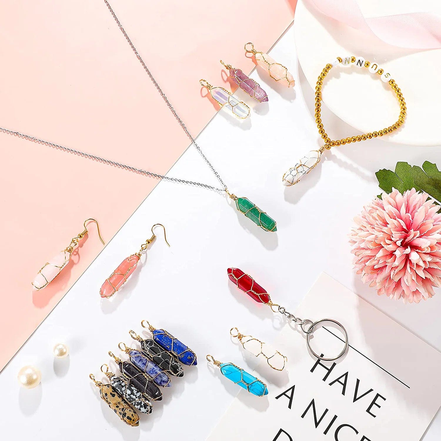 16 Pieces Healing Crystal Pendant Hexagonal Natural Crystal Pendant Pointed Quartz Gemstone Pendant Wire Wrapped Charms for Necklace Jewelry Making DIY Craft