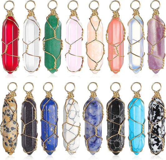 16 Pieces Healing Crystal Pendant Hexagonal Natural Crystal Pendant Pointed Quartz Gemstone Pendant Wire Wrapped Charms for Necklace Jewelry Making DIY Craft Lovely Colors