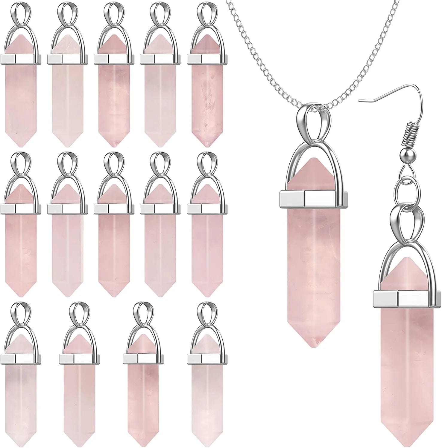 16 Pieces Hexagonal Crystal Pendulum Pendants Crystal Pendants Necklaces Quartz Pendants Stone Natural Charms Healing Stone Necklace Crystal Pendants for Jewelry Making Pink