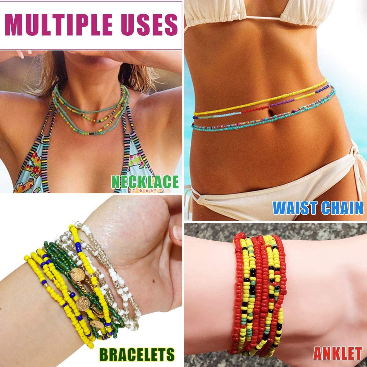 16 Pieces Jewelry Colorful Elastic Beads Waist Chains Kits Summer Beach Layered Belly Beads Body Chains African Bikini Jewelry Chains Rave Fashion Body Accessory for Women and Girls - Style 16 Apparel & Accessories > Jewelry > Body Jewelry Inked and Screened