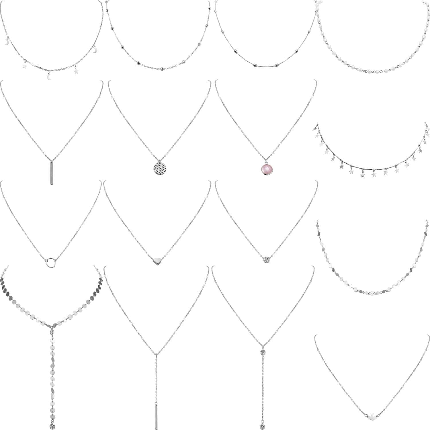16 Pieces Layered Choker Necklace Adjustable Pendant Necklace Moon Sequins Choker Multilayer Chain Necklace Set for Women Girls Silver