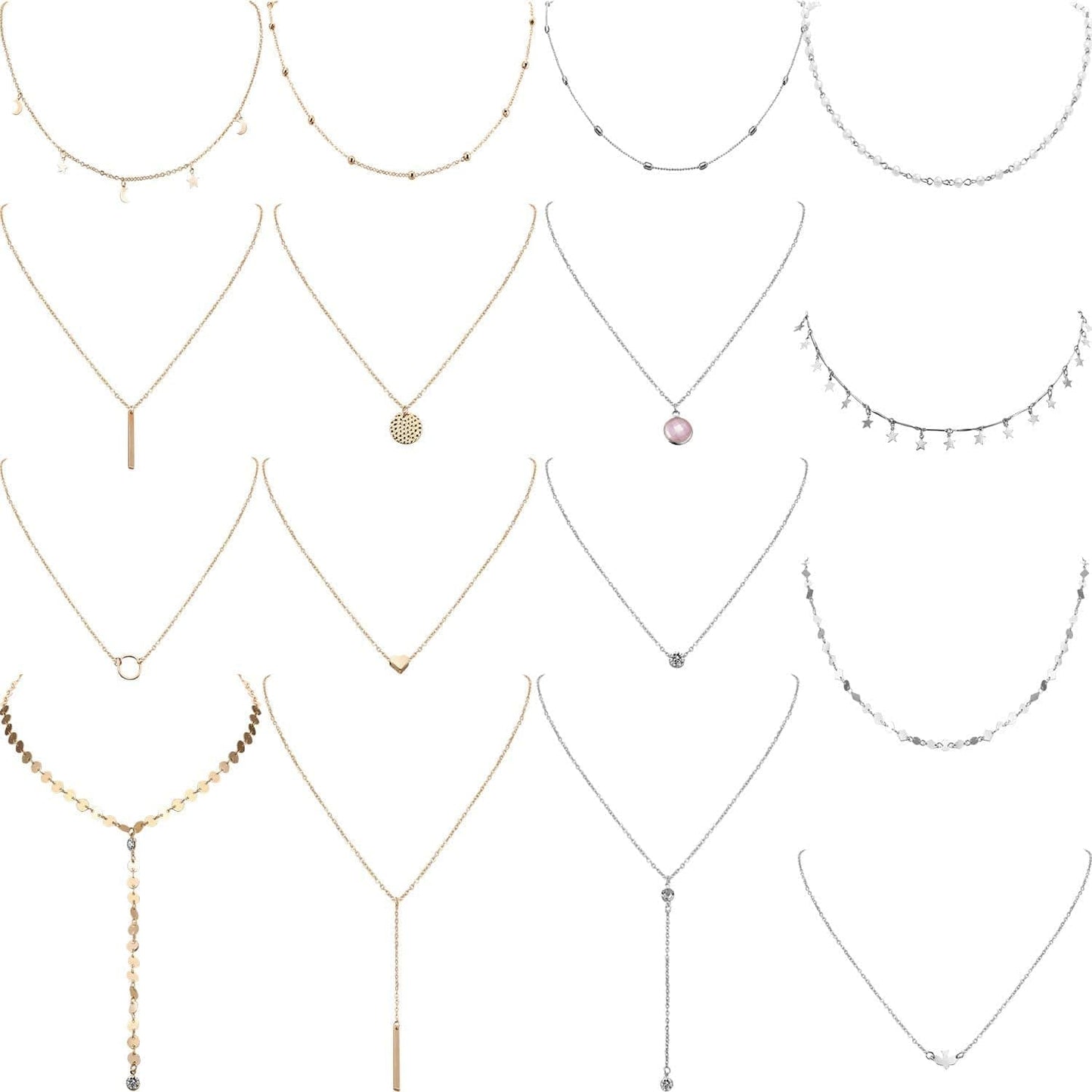 16 Pieces Layered Choker Necklace Adjustable Pendant Necklace Moon Sequins Choker Multilayer Chain Necklace Set for Women Girls Silver and Gold