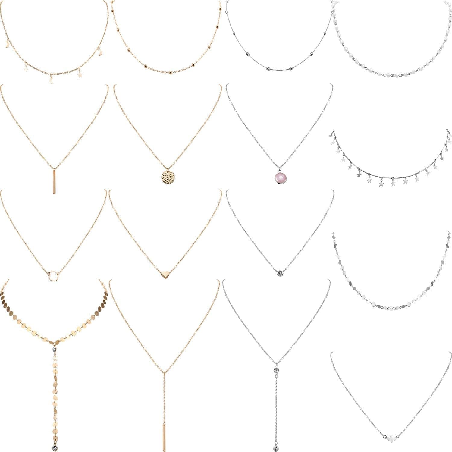 16 Pieces Layered Choker Necklace Adjustable Pendant Necklace Moon Sequins Choker Multilayer Chain Necklace Set for Women Girls Silver and Gold