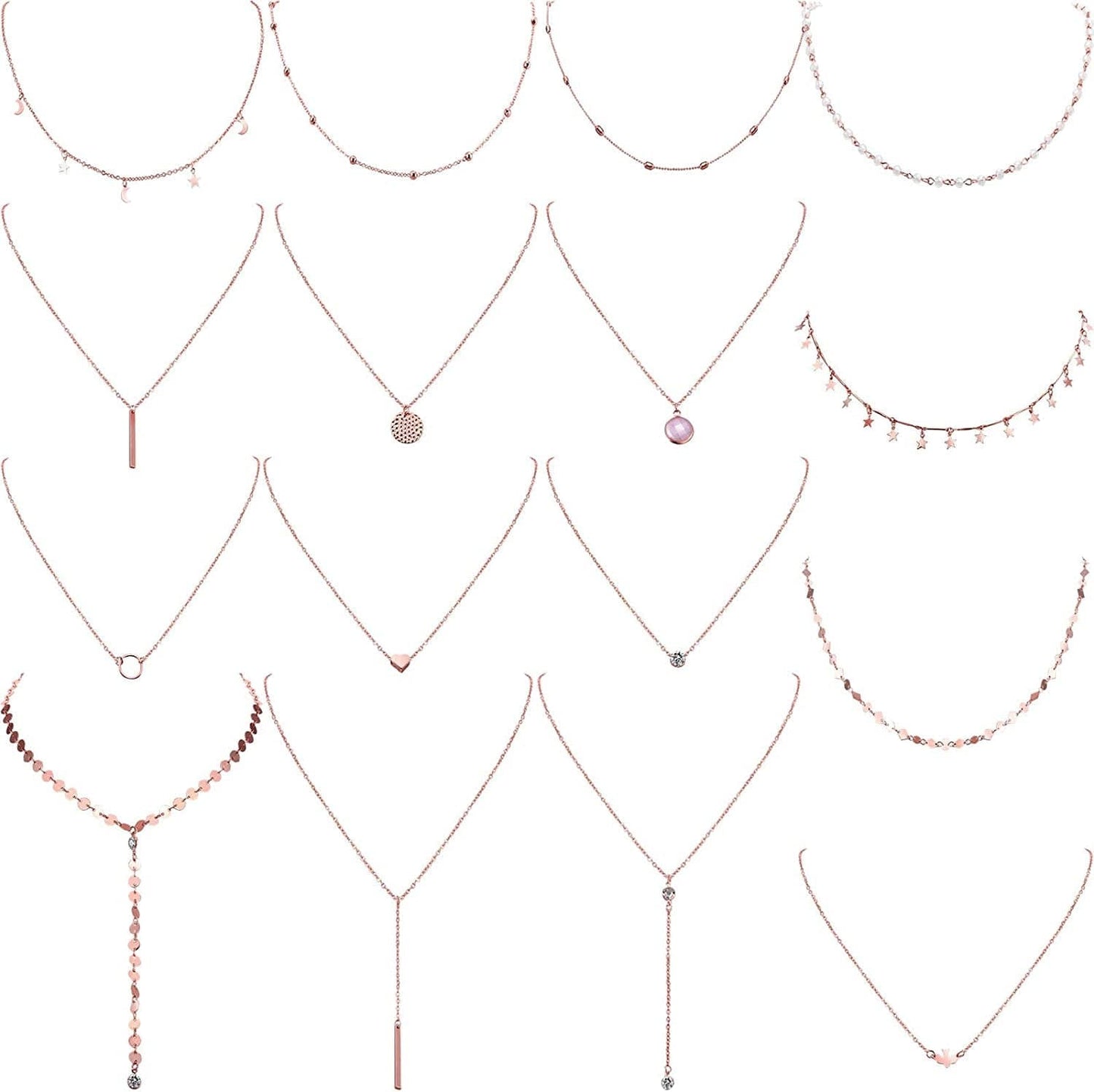 16 Pieces Layered Choker Necklace Adjustable Pendant Necklace Moon Sequins Choker Multilayer Chain Necklace Set for Women Girls Rose Gold