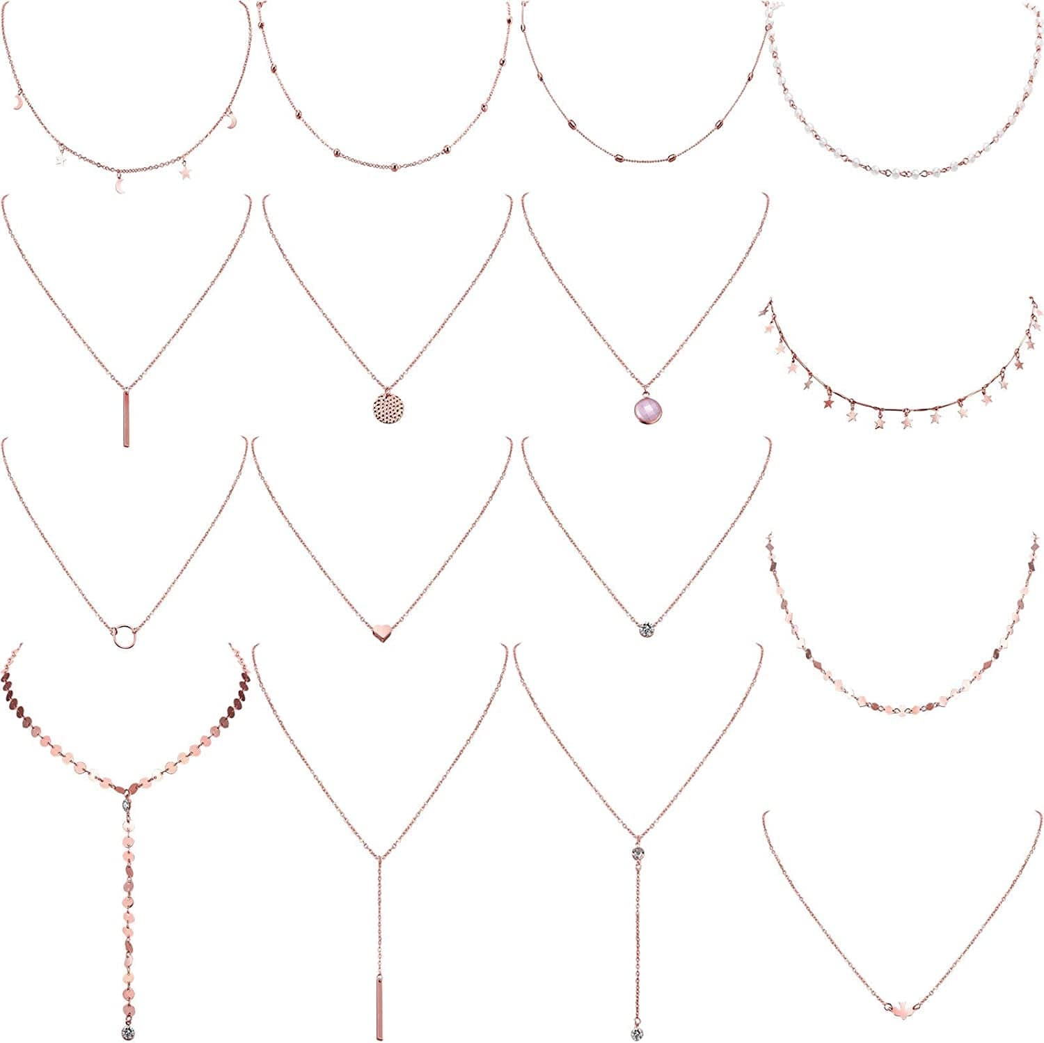 16 Pieces Layered Choker Necklace Adjustable Pendant Necklace Moon Sequins Choker Multilayer Chain Necklace Set for Women Girls Rose Gold