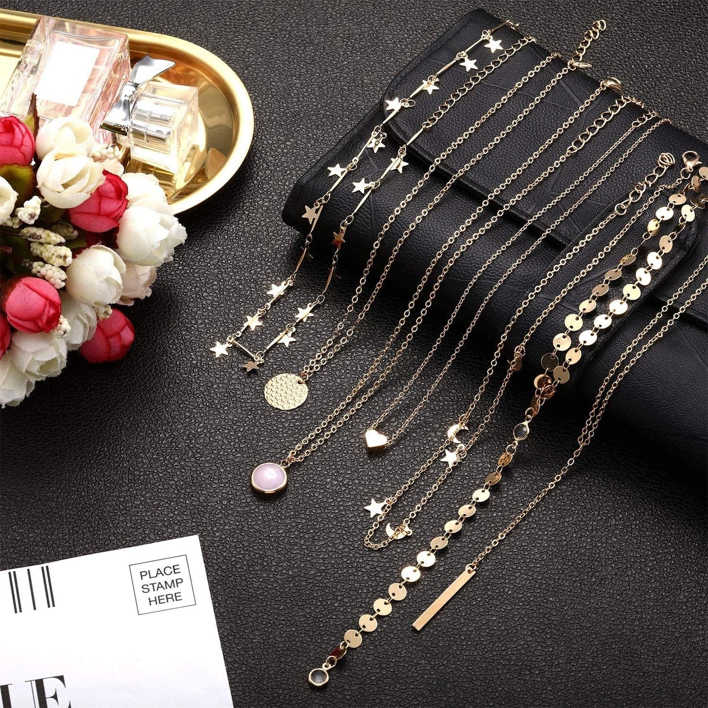 16 Pieces Layered Choker Necklace Adjustable Pendant Necklace Moon Sequins Choker Multilayer Chain Necklace Set for Women Girls