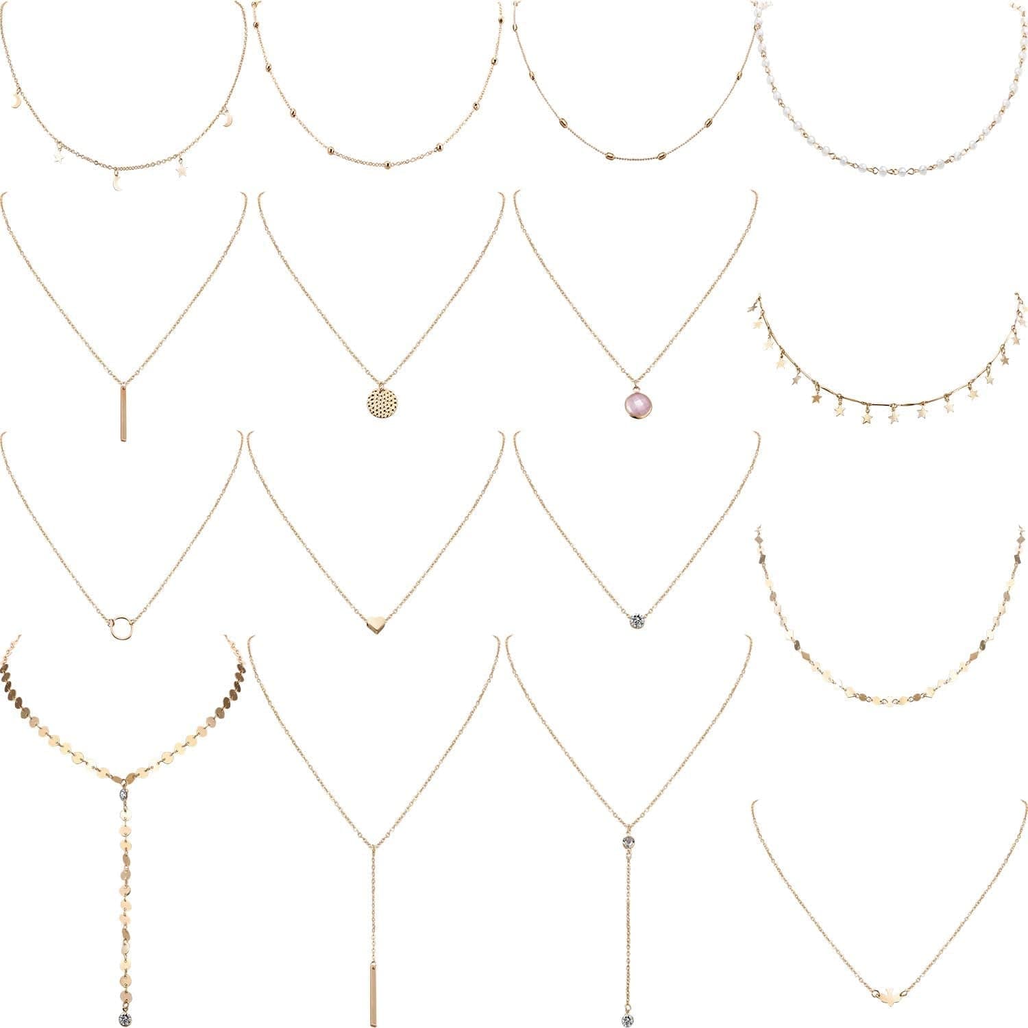 16 Pieces Layered Choker Necklace Adjustable Pendant Necklace Moon Sequins Choker Multilayer Chain Necklace Set for Women Girls Gold