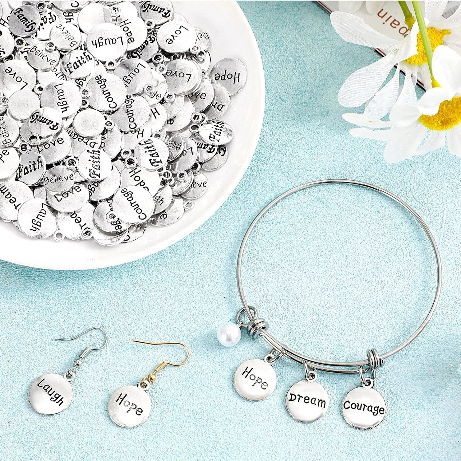 160 Pcs Inspirational DIY Charms Antique Silver Charm Pendants for Jewelry Making Cheer Message Keychain Charms for Girl Bracelet Necklace Flat Alloy Charm Gift Accessory, 8 Styles