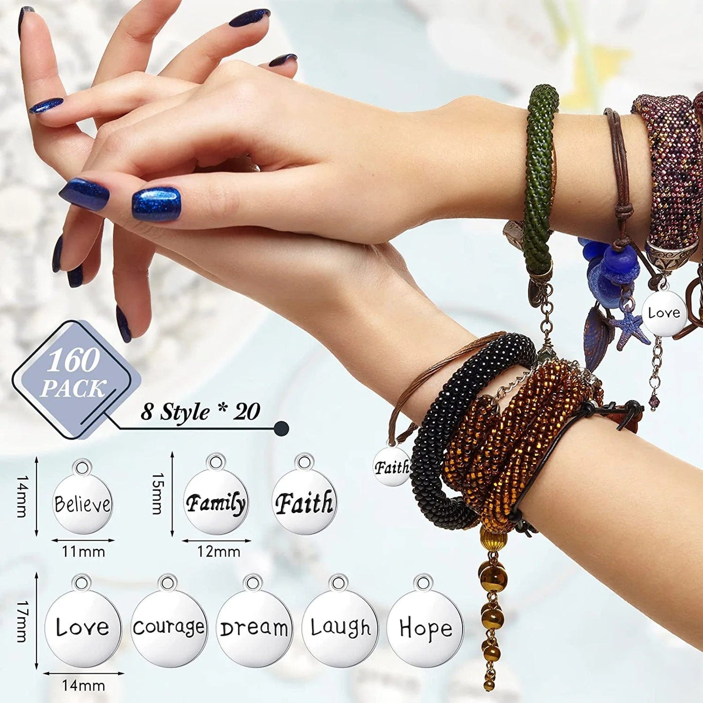 160 Pcs Inspirational DIY Charms Antique Silver Charm Pendants for Jewelry Making Cheer Message Keychain Charms for Girl Bracelet Necklace Flat Alloy Charm Gift Accessory, 8 Styles