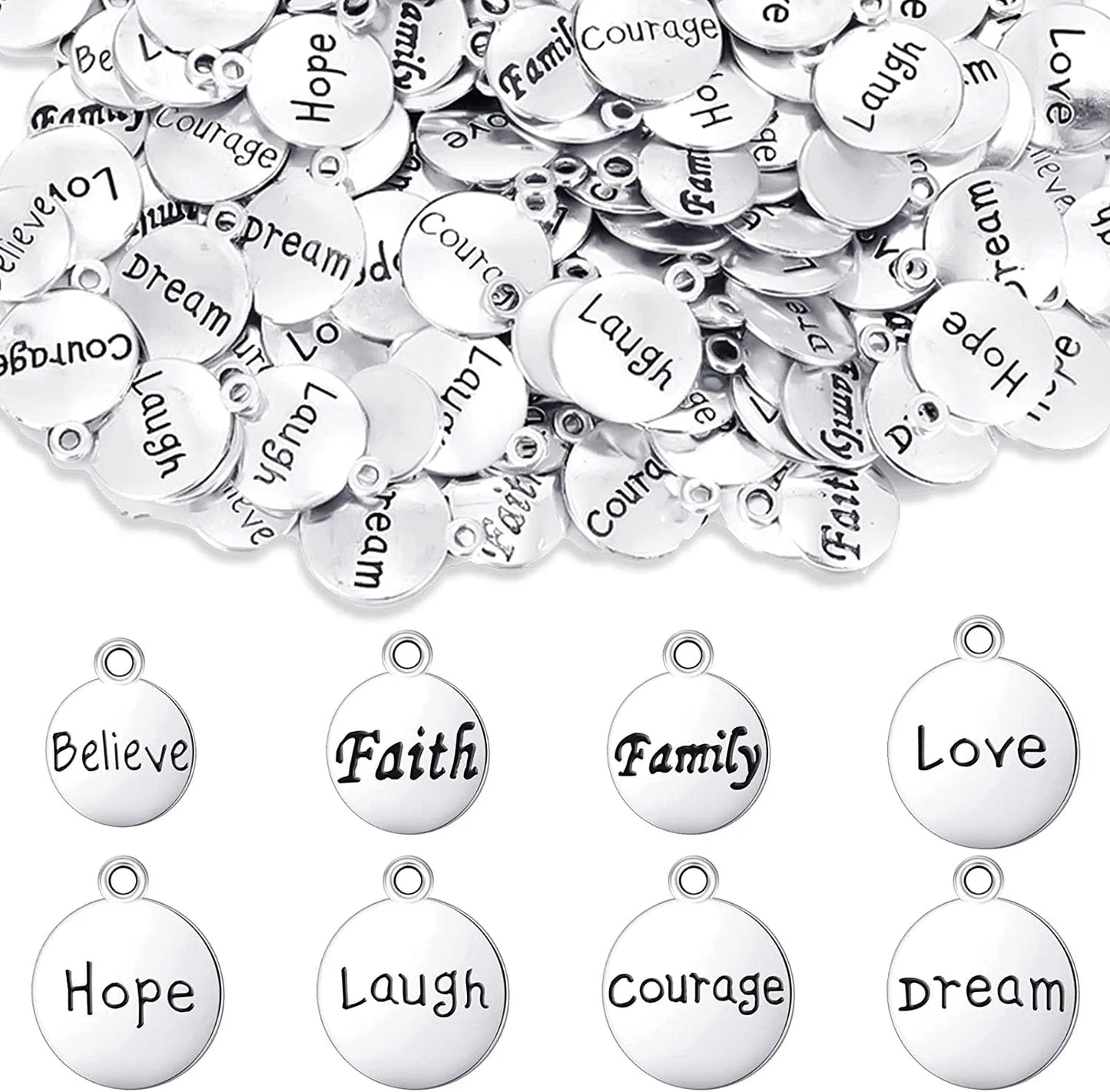 160 Pcs Inspirational DIY Charms Antique Silver Charm Pendants for Jewelry Making Cheer Message Keychain Charms for Girl Bracelet Necklace Flat Alloy Charm Gift Accessory, 8 Styles