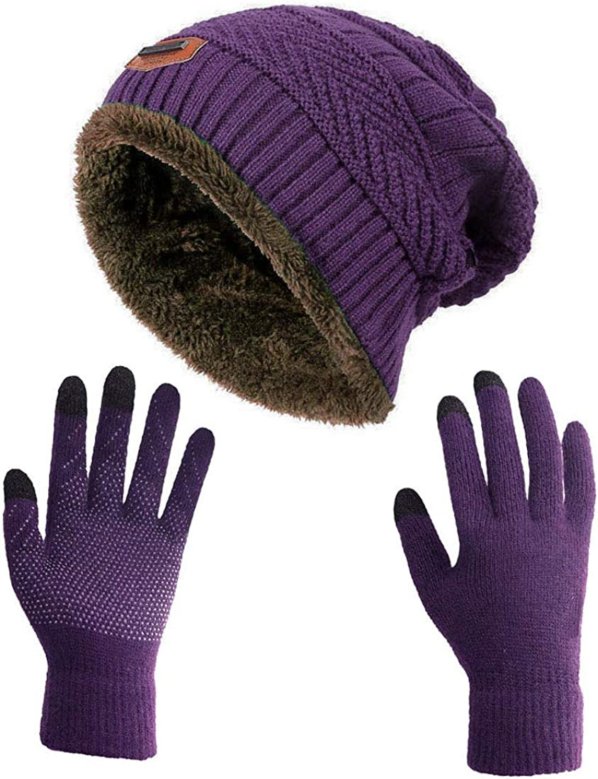 HINDAWI Winter Slouchy Beanie Gloves for Women Knit Hats Skull Caps Touch Screen Mittens Apparel & Accessories > Clothing Accessories > Gloves & Mittens HINDAWI Hat+gloves (Purple)