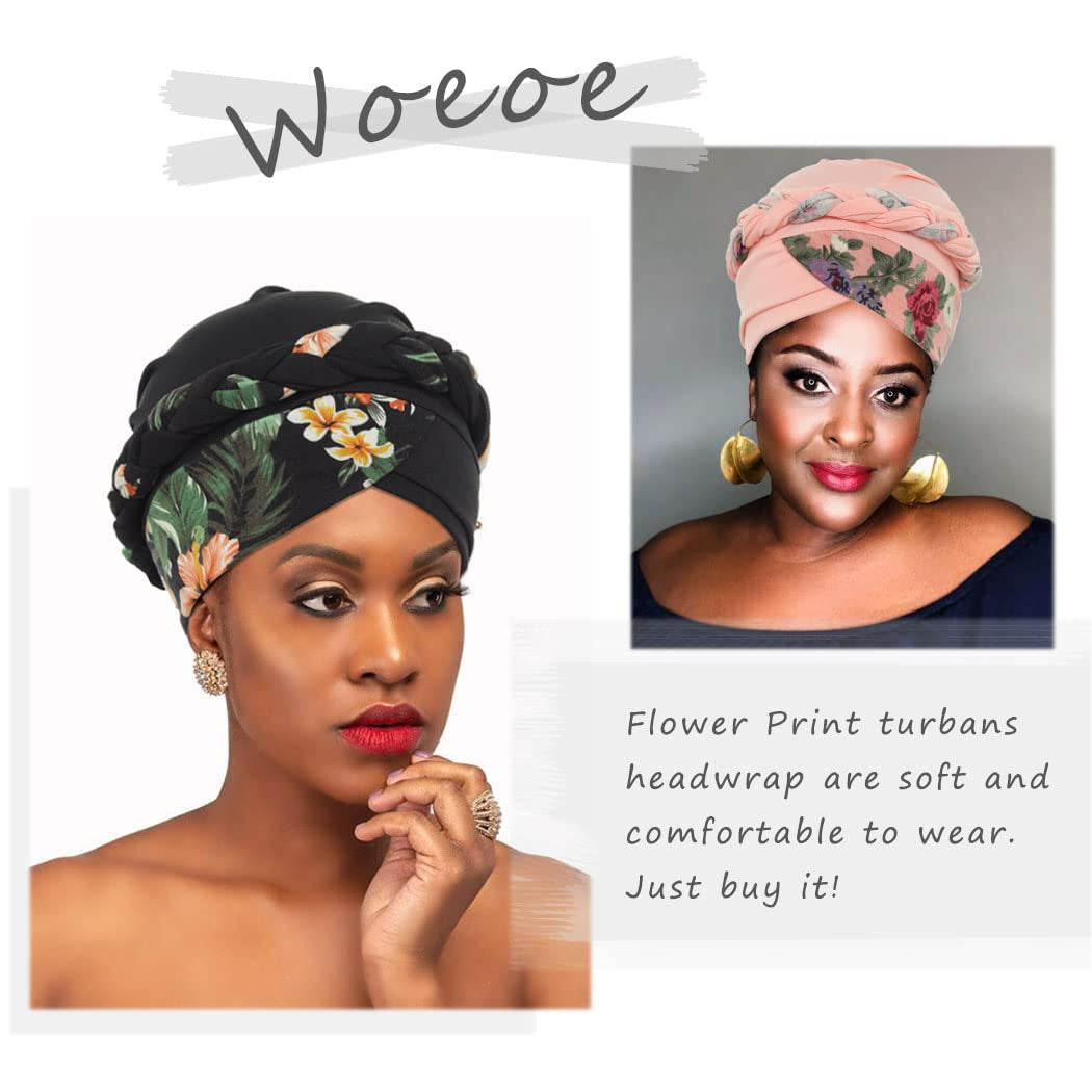 Woeoe African Turban Head Wraps Pink Pattern Braid Head Scarf Flower Print Pre-Tied Head Cover Cap Headwear for Women and Girls(Pack of 2) Apparel & Accessories > Clothing Accessories > Headwear Woeoe