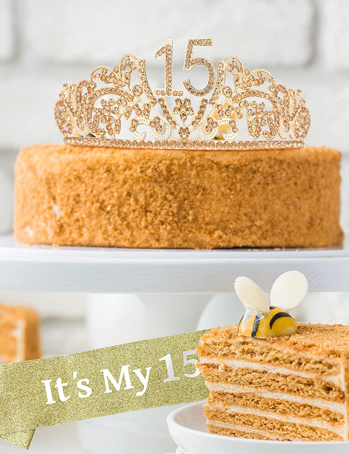 Verymerrymakering 15Th Birthday Sash and Tiara for Girls - Fabulous Set: Glitter Sash + Flowers Rhinestone Gold Premium Metal Tiara, 15Th Birthday Gifts for Teenegers Party Apparel & Accessories > Clothing Accessories > Sashes VeryMerryMakering