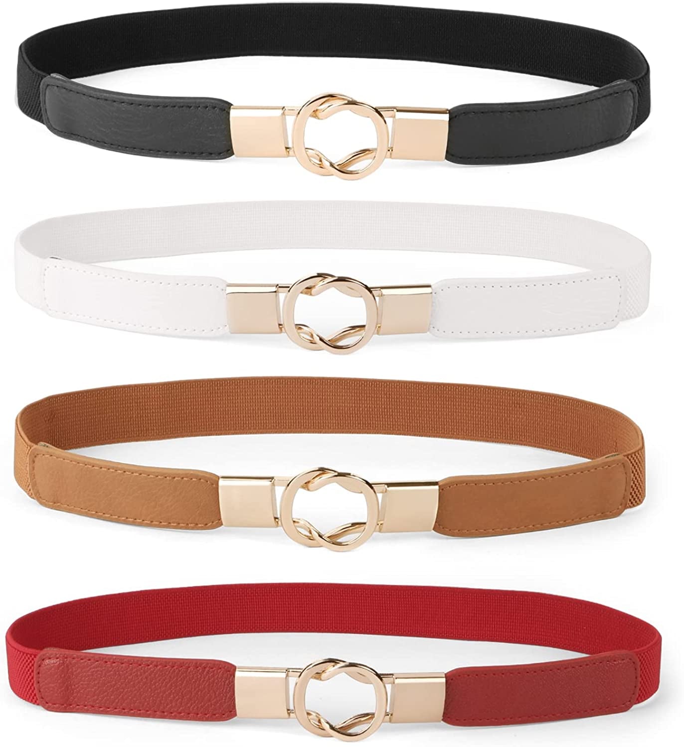 Women Skinny Belt for Dresses Retro Stretch Ladies Waist Belt plus Size Set of 4 Apparel & Accessories > Clothing Accessories > Belts WERFORU K-black+brown+white+red Fits Waist 22"-29"