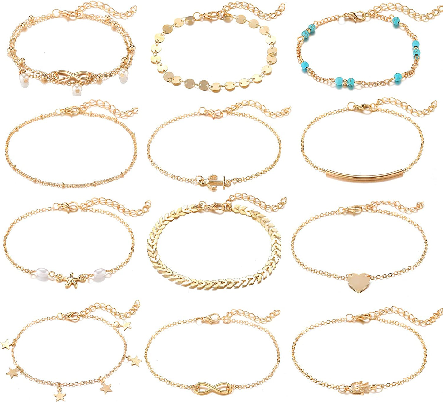Softones 12Pcs Ankle Bracelets for Women Girls Gold Silver Two Style Chain Beach Anklet Bracelet Jewelry Anklet Set,Adjustable Size Apparel & Accessories > Jewelry > Anklets Softones B:Gold