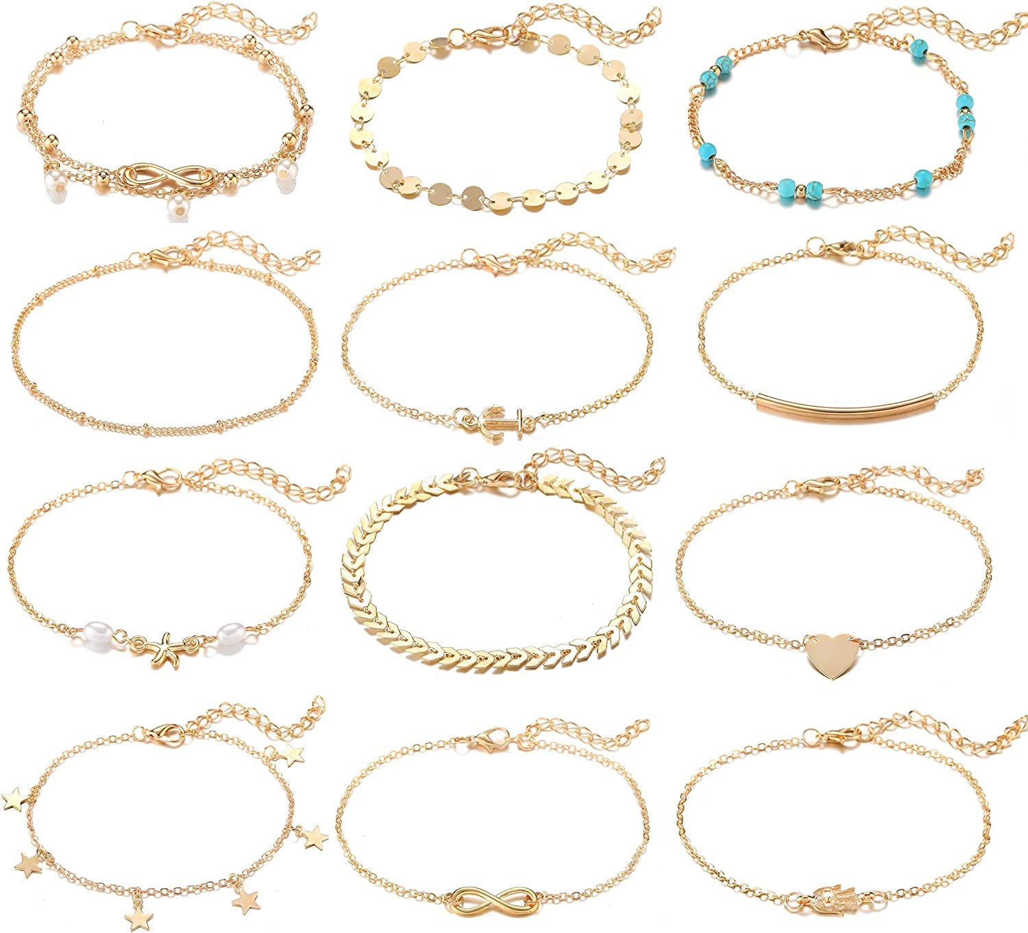 Softones 12Pcs Ankle Bracelets for Women Girls Gold Silver Two Style Chain Beach Anklet Bracelet Jewelry Anklet Set,Adjustable Size Apparel & Accessories > Jewelry > Anklets Softones B:Gold