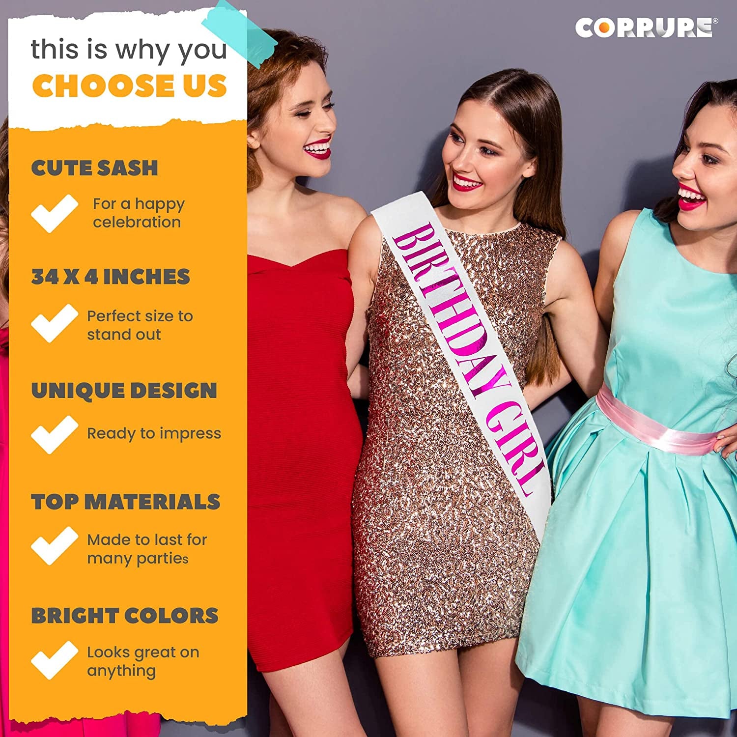 CORRURE 'Birthday Girl' Sash Glitter with Pink Foil - White Glitter Happy Birthday Sash for Women - Party Favors Supplies and Decorations for Sweet 16, 18Th 21St 30Th 40Th or Any Bday Party Apparel & Accessories > Clothing Accessories > Sashes CORRURE