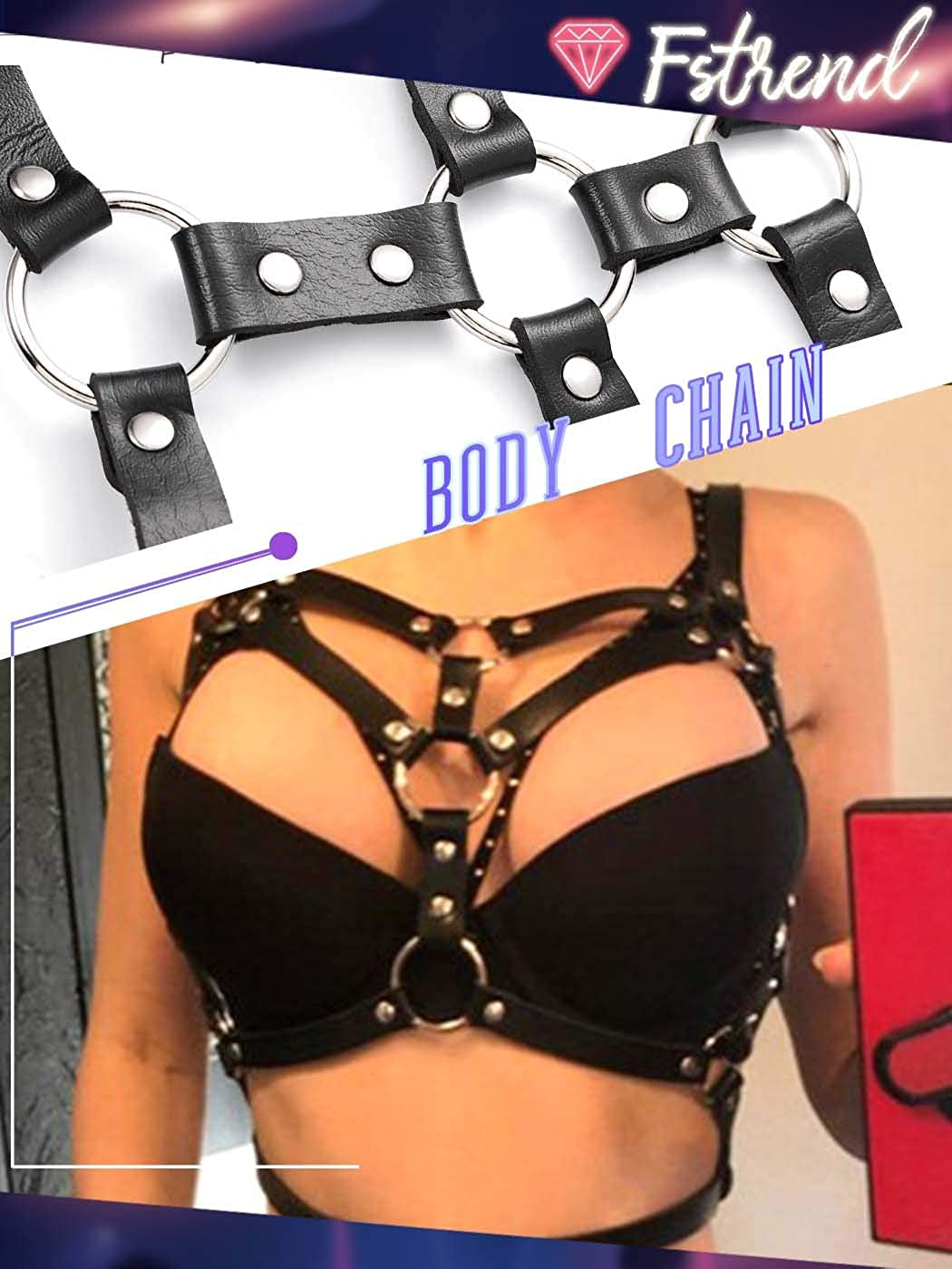 Fstrend Punk Leather Chest Body Chain Black Sexy Harness Waist Chains Nightclub Party Prom Rave Belt Belly Bra Jewelry Accessories for Women Apparel & Accessories > Jewelry > Body Jewelry Fstrend