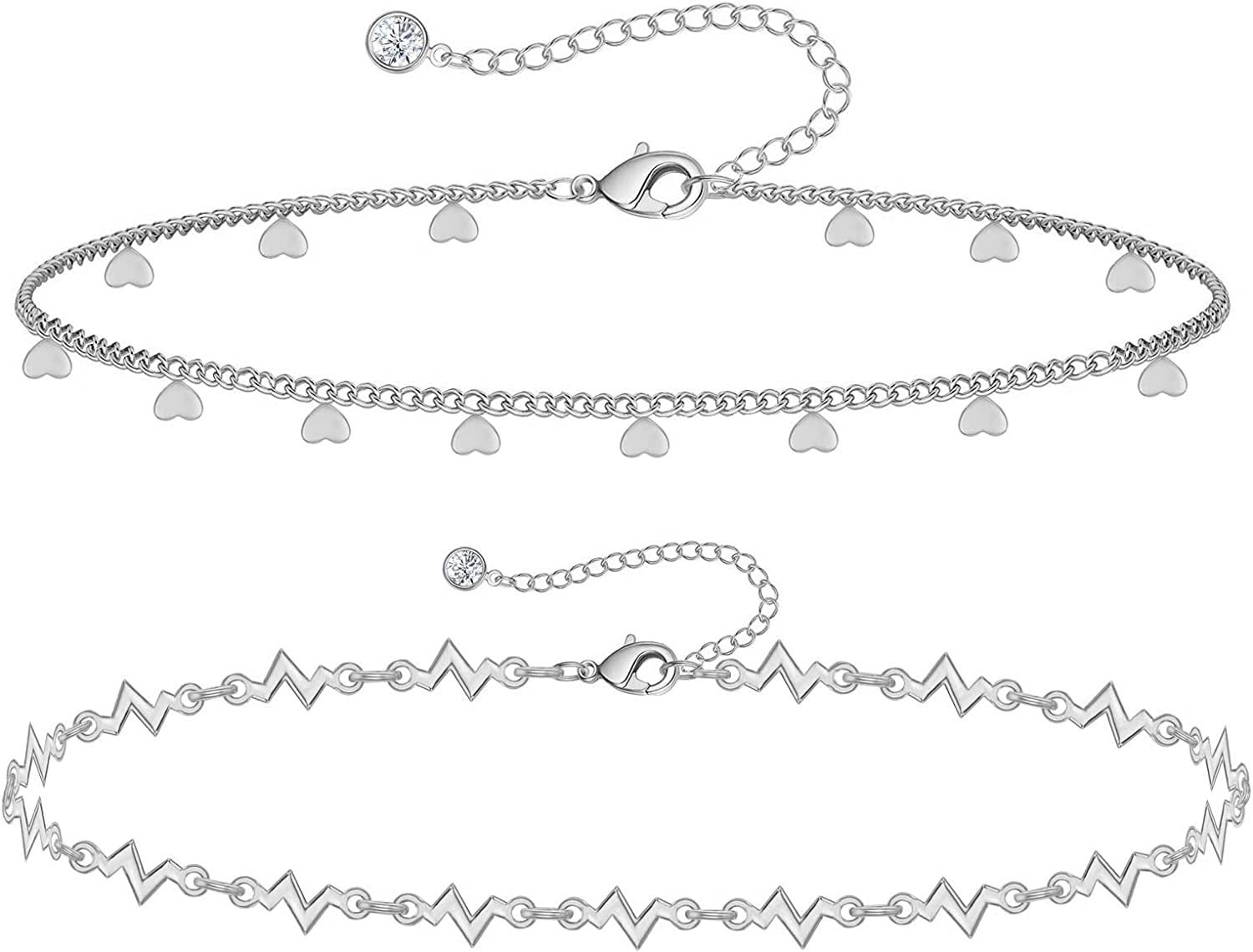Gold Ankle Bracelets for Women 14K Gold Plated Anklet Silver Tennis Rose Quartz Cross Bead Herringbone Snake Paperclip Chain Cubic Zirconia Dainty Layered Anklet Set 3Pcs Apparel & Accessories > Jewelry > Anklets WeSparking ZK-White Gold-Heart Chain