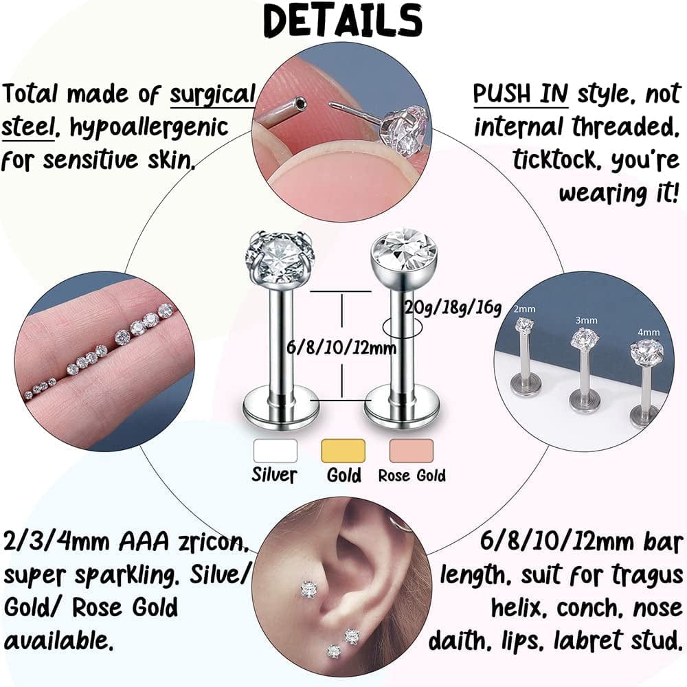 16G/18G/20G Threadless Lip Rings Tragus Earrings Surgical Steel Helix Conch Cartilage Earrings Monroe Piercing Jewelry for Women Men Labret Studs Apparel & Accessories > Jewelry > Body Jewelry PunkTracker