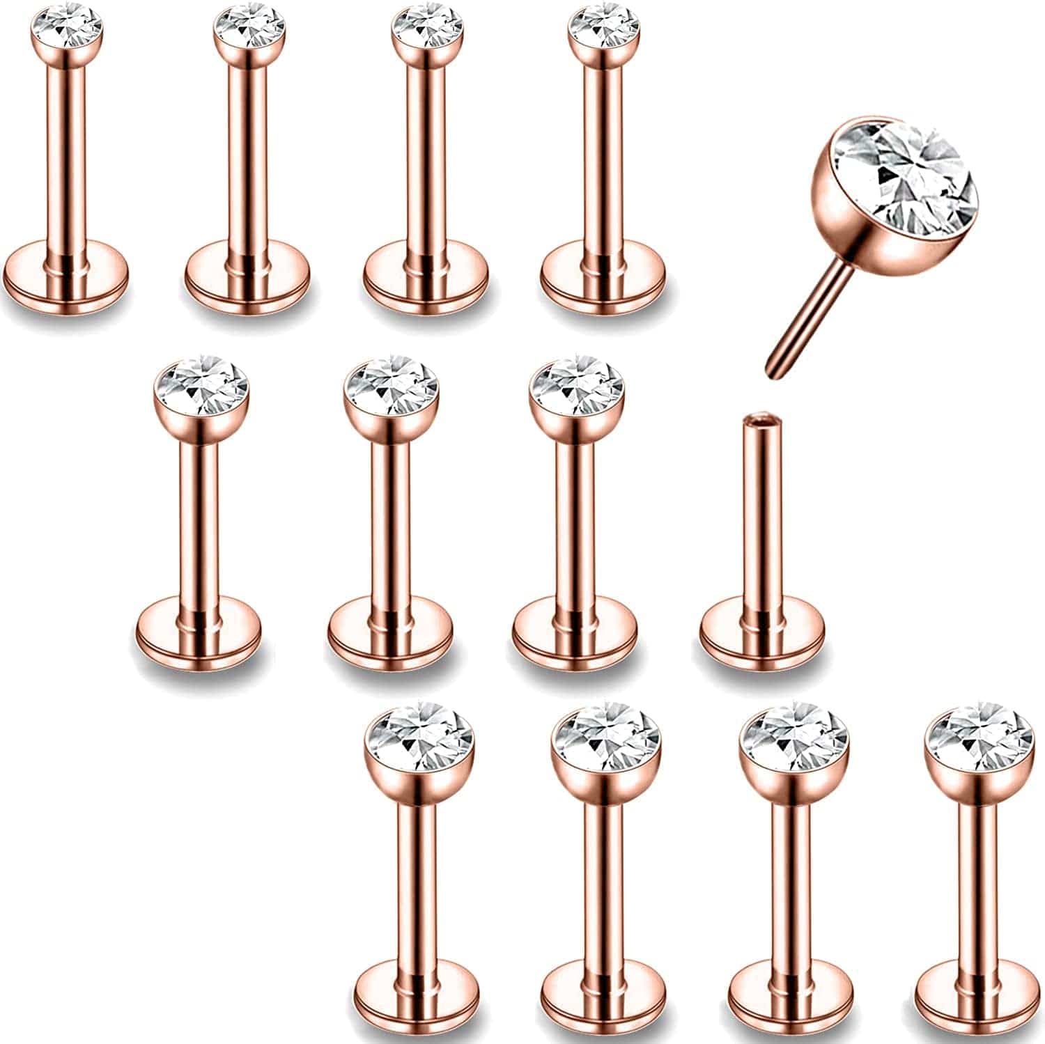 16G/18G/20G Threadless Lip Rings Tragus Earrings Surgical Steel Helix Conch Cartilage Earrings Monroe Piercing Jewelry for Women Men Labret Studs Apparel & Accessories > Jewelry > Body Jewelry PunkTracker 16G, Rose Gold, Round CZ, 10mm Length
