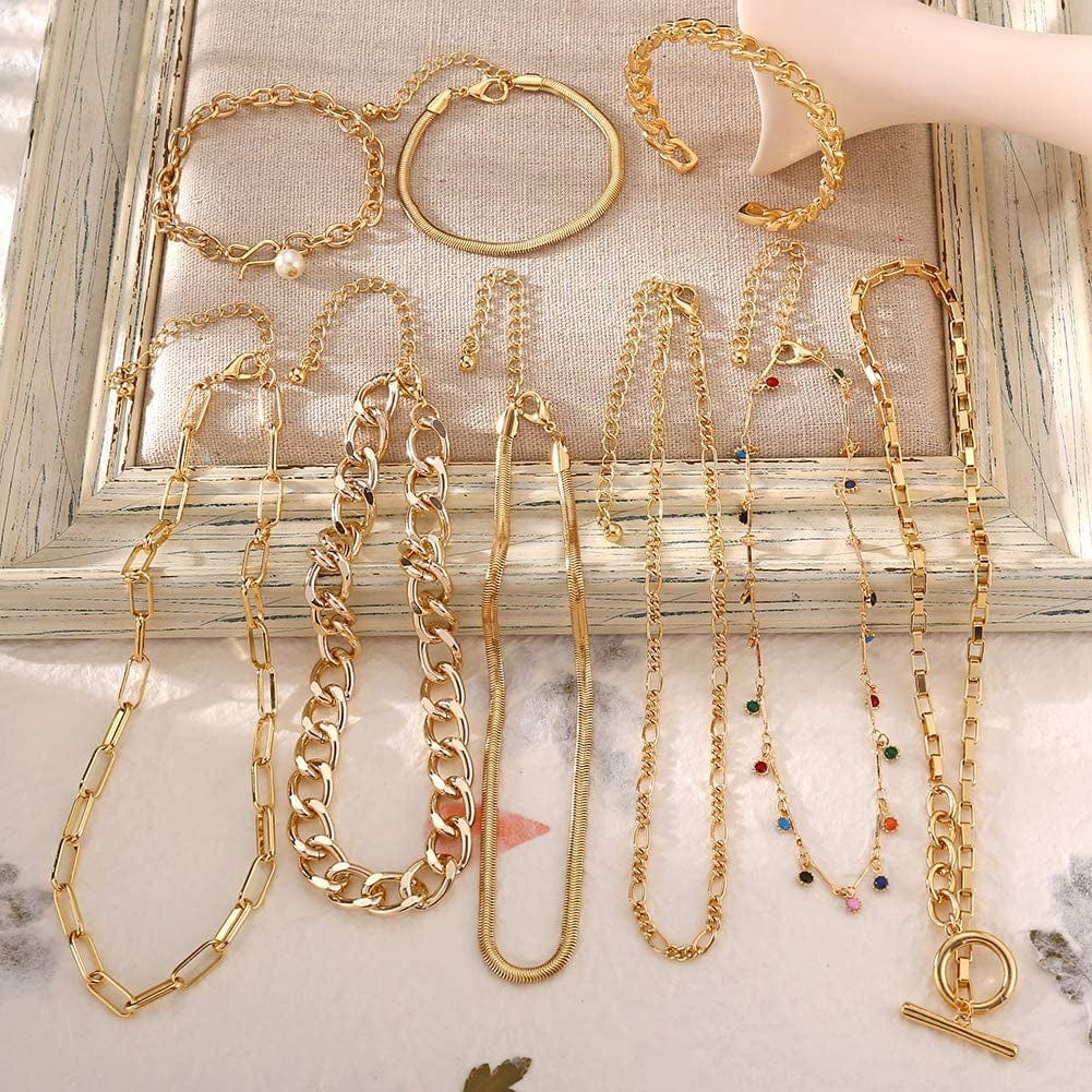 17 MILE Gold Chain Necklace and Bracelet Sets for Women Girls Dainty Link Paperclip Choker Jewelry