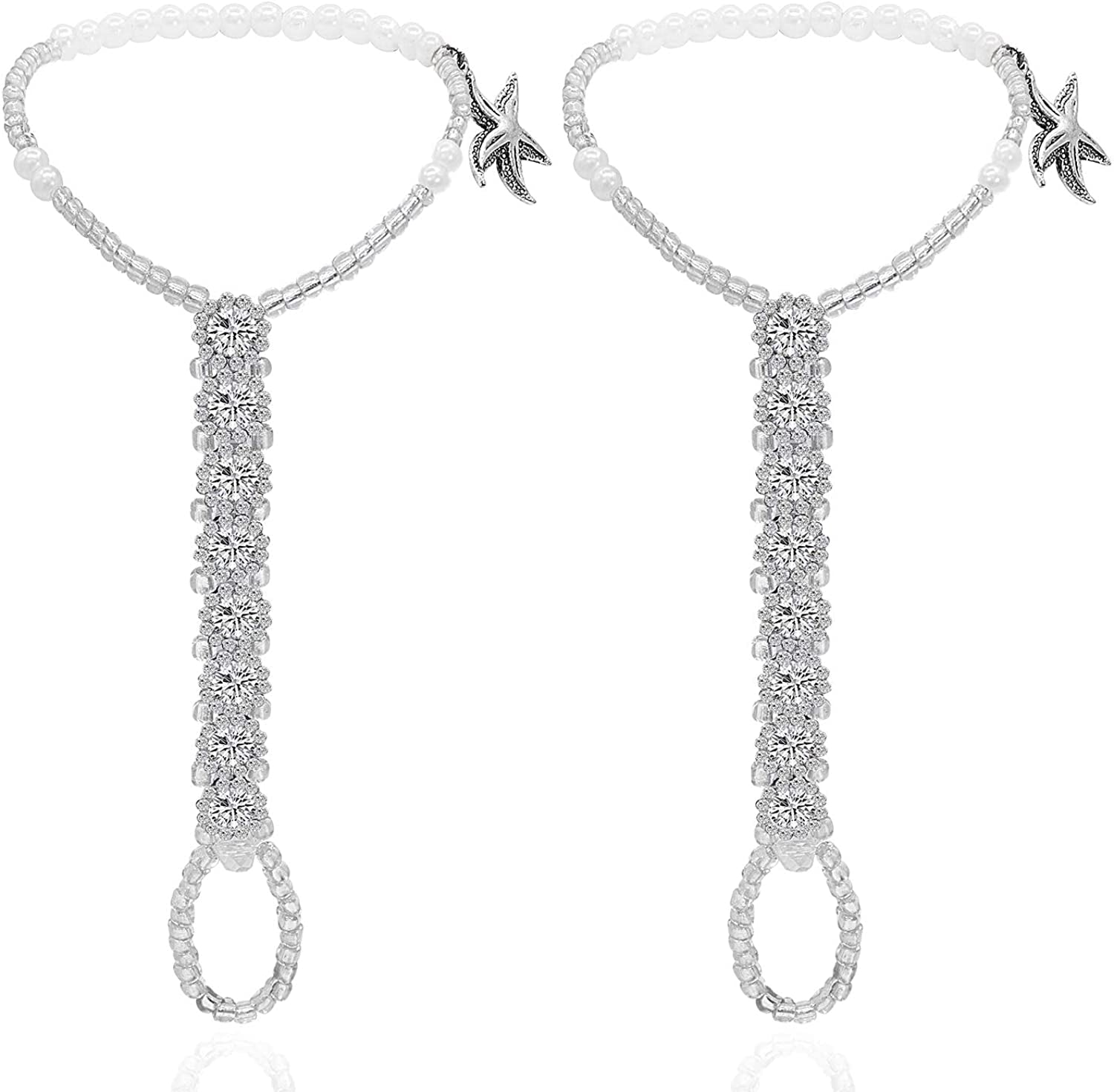 Bellady 2Pcs Pearl Ankle Chain Barefoot Sandals with Starfish Beach Wedding Foot Jewelry Apparel & Accessories > Jewelry > Anklets Bellady Silver_style 6