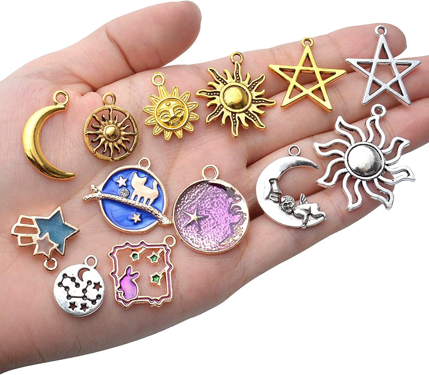170Pcs Jewelry Celestial Charm Pendants, Assorted Gold Plated Enamel Moon Star Charms, Mixed Styles Alloy Sun Moon Star Charms Pendants DIY for Bracelet Necklace Earring Jewelry Making and Crafting