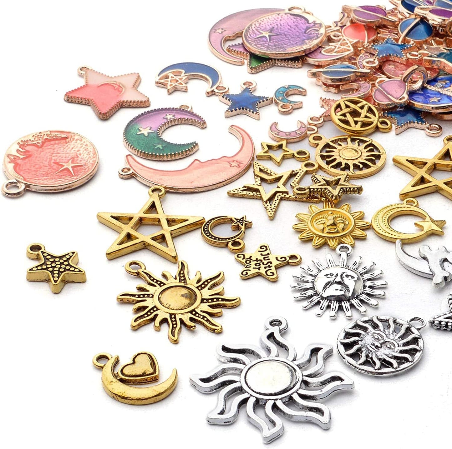 170Pcs Jewelry Celestial Charm Pendants, Assorted Gold Plated Enamel Moon Star Charms, Mixed Styles Alloy Sun Moon Star Charms Pendants DIY for Bracelet Necklace Earring Jewelry Making and Crafting