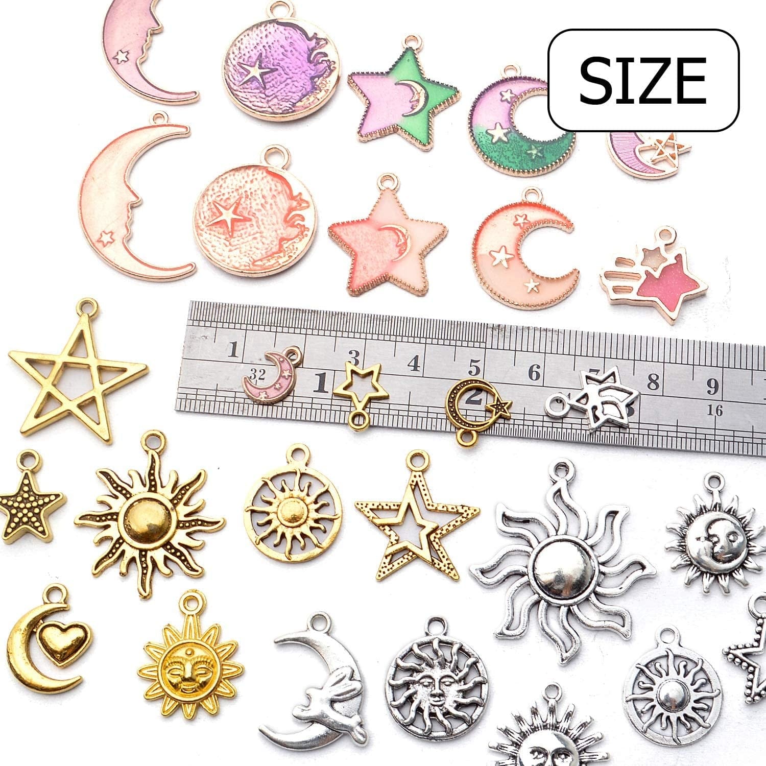 170Pcs Jewelry Celestial Charm Pendants, Assorted Gold Plated Enamel Moon Star Charms, Mixed Styles Alloy Sun Moon Star Charms Pendants DIY for Bracelet Necklace Earring Jewelry Making and Crafting