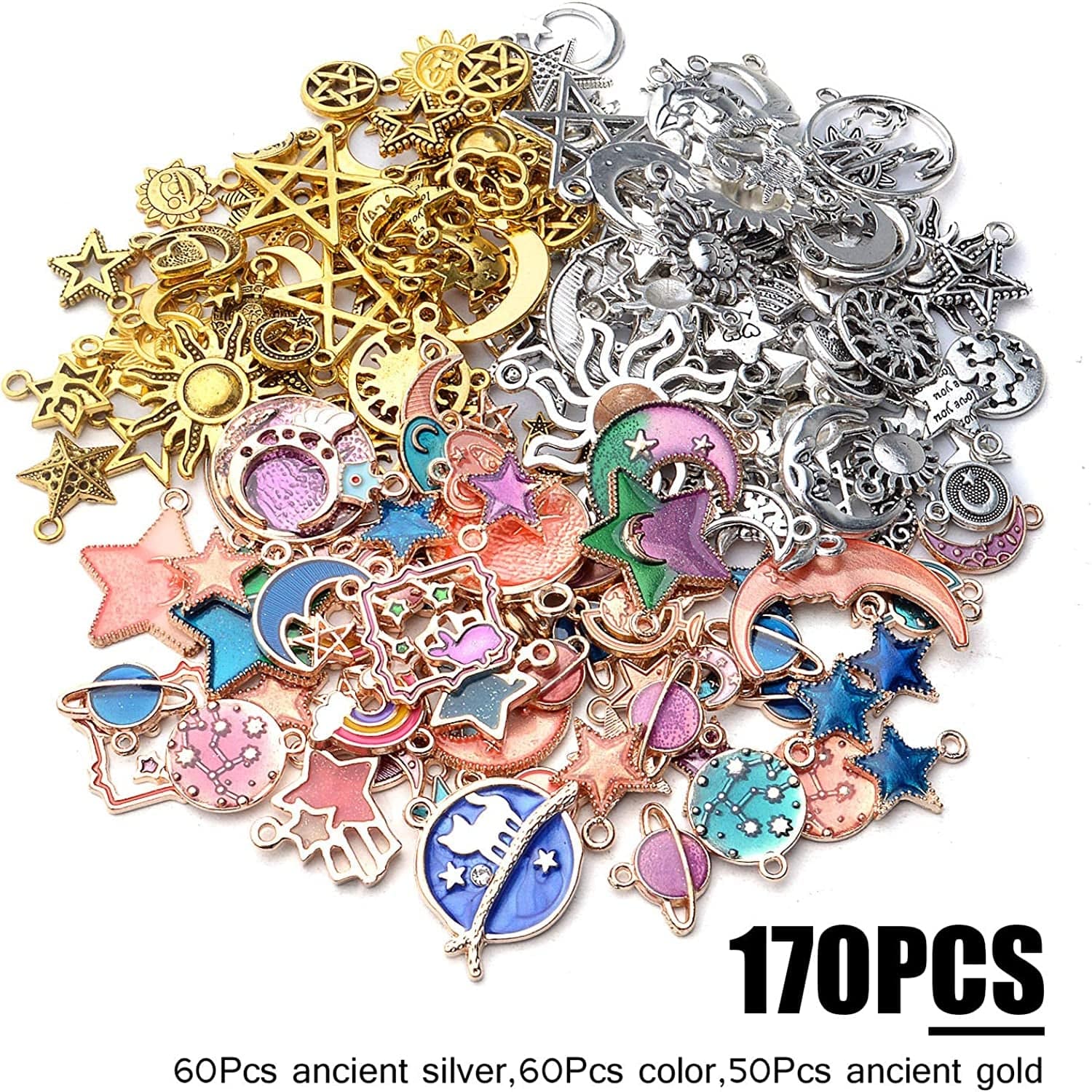 170Pcs Jewelry Celestial Charm Pendants, Assorted Gold Plated Enamel Moon Star Charms, Mixed Styles Alloy Sun Moon Star Charms Pendants DIY for Bracelet Necklace Earring Jewelry Making and Crafting