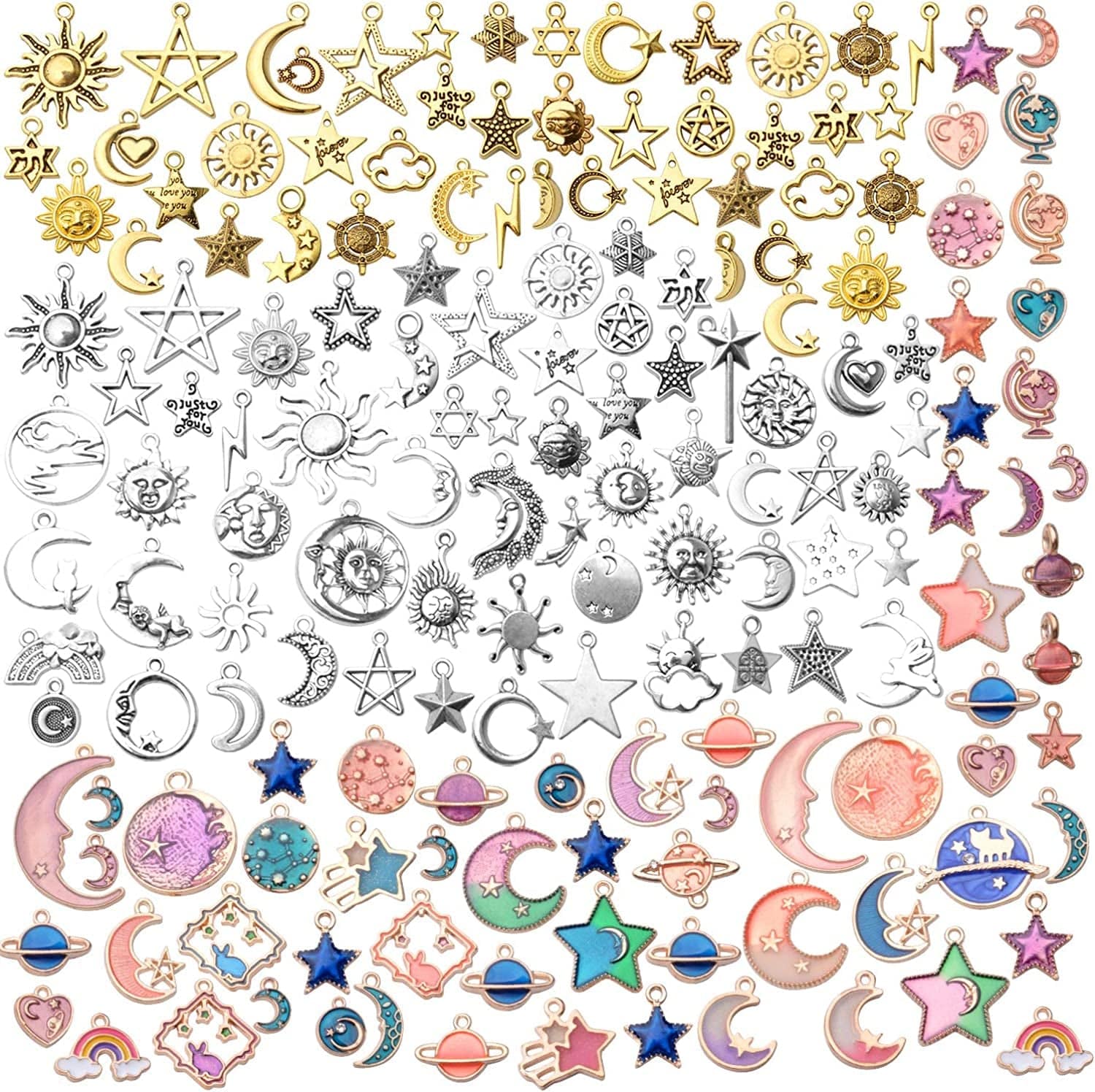 170Pcs Jewelry Celestial Charm Pendants, Assorted Gold Plated Enamel Moon Star Charms, Mixed Styles Alloy Sun Moon Star Charms Pendants DIY for Bracelet Necklace Earring Jewelry Making and Crafting