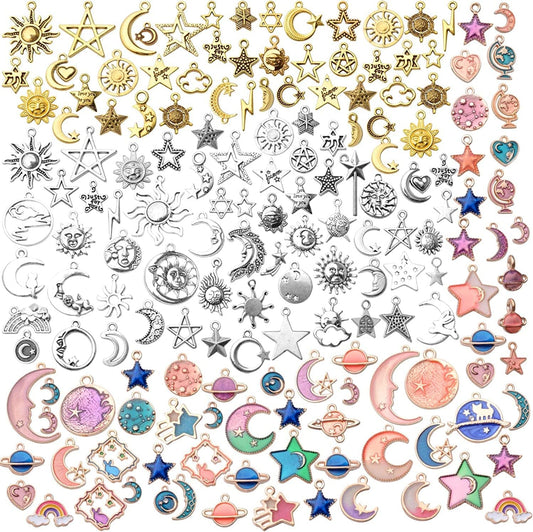 170Pcs Jewelry Celestial Charm Pendants, Assorted Gold Plated Enamel Moon Star Charms, Mixed Styles Alloy Sun Moon Star Charms Pendants DIY for Bracelet Necklace Earring Jewelry Making and Crafting