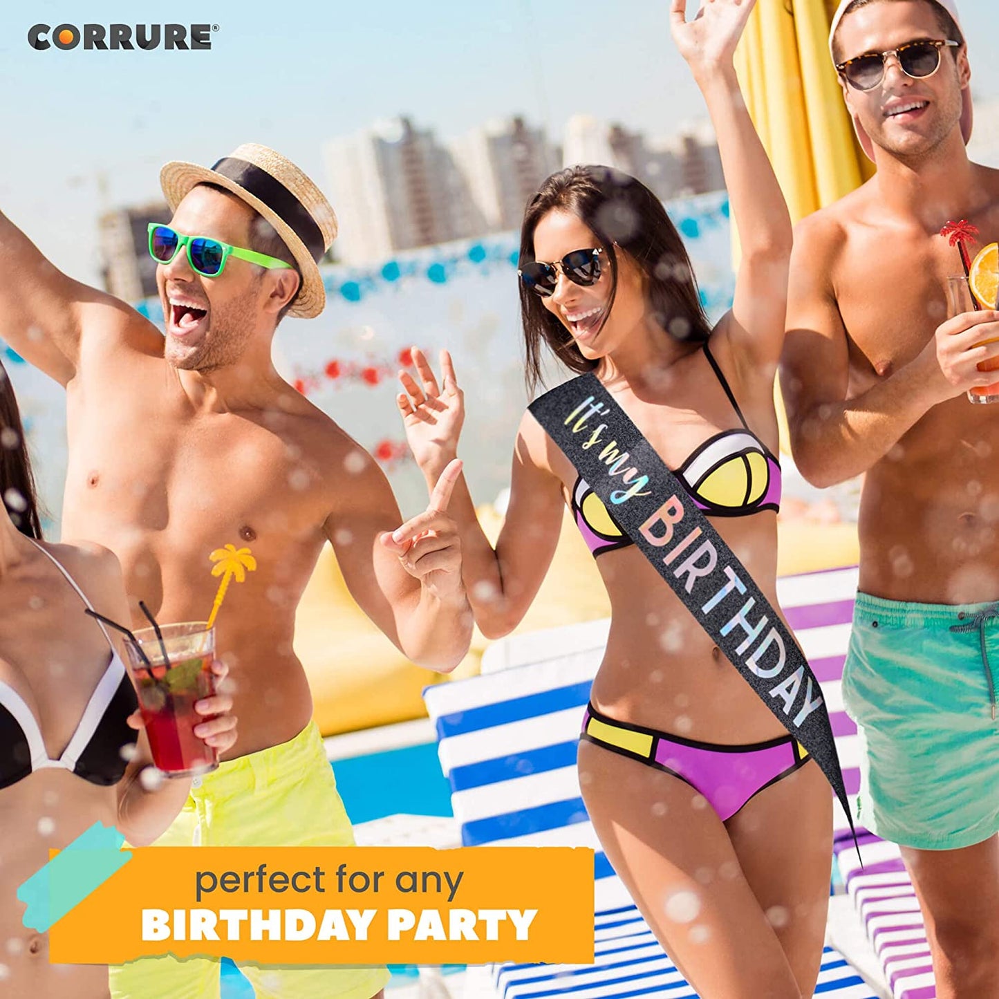 CORRURE 'It'S My Birthday' Sash Glitter with Multicolor Foil - Black Glitter Happy Birthday Sash for Women - Party Favors Supplies and Decorations for Sweet 16, 18Th 21St 30Th 40Th or Any Bday Party Apparel & Accessories > Clothing Accessories > Sashes CORRURE