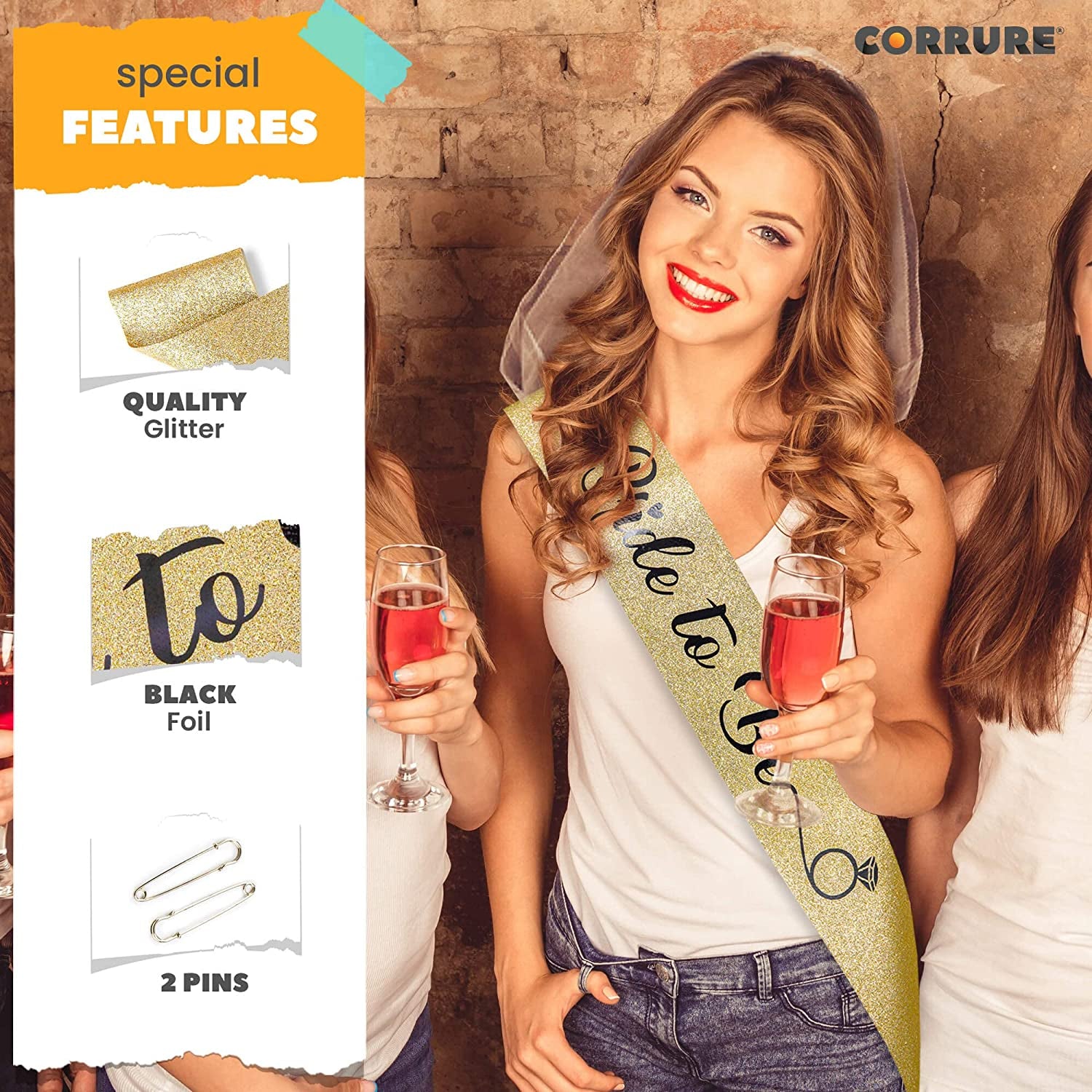 CORRURE 'Bride to Be' Sash for Bachelorette Party - Bridal Shower Gold Glitter Sash with Black Foil Lettering - Hen Party Decorations Supplies Accessories, Wedding Engagement Party Favors Gift Apparel & Accessories > Clothing Accessories > Sashes CORRURE
