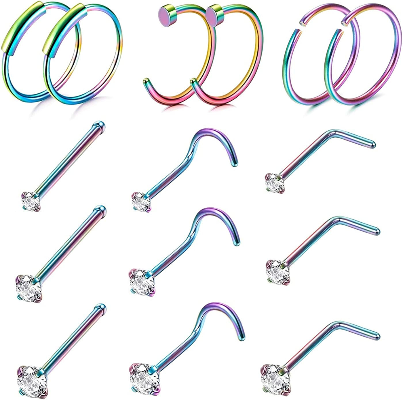 FINREZIO 15PCS 22G Surgical Steel Nose Rings Hoop Studs Cartilage Earrings Body Piercing Jewelry 1.5Mm 2Mm 2.5Mm CZ Apparel & Accessories > Jewelry > Rings FINREZIO E.Colorful Nose Ring
